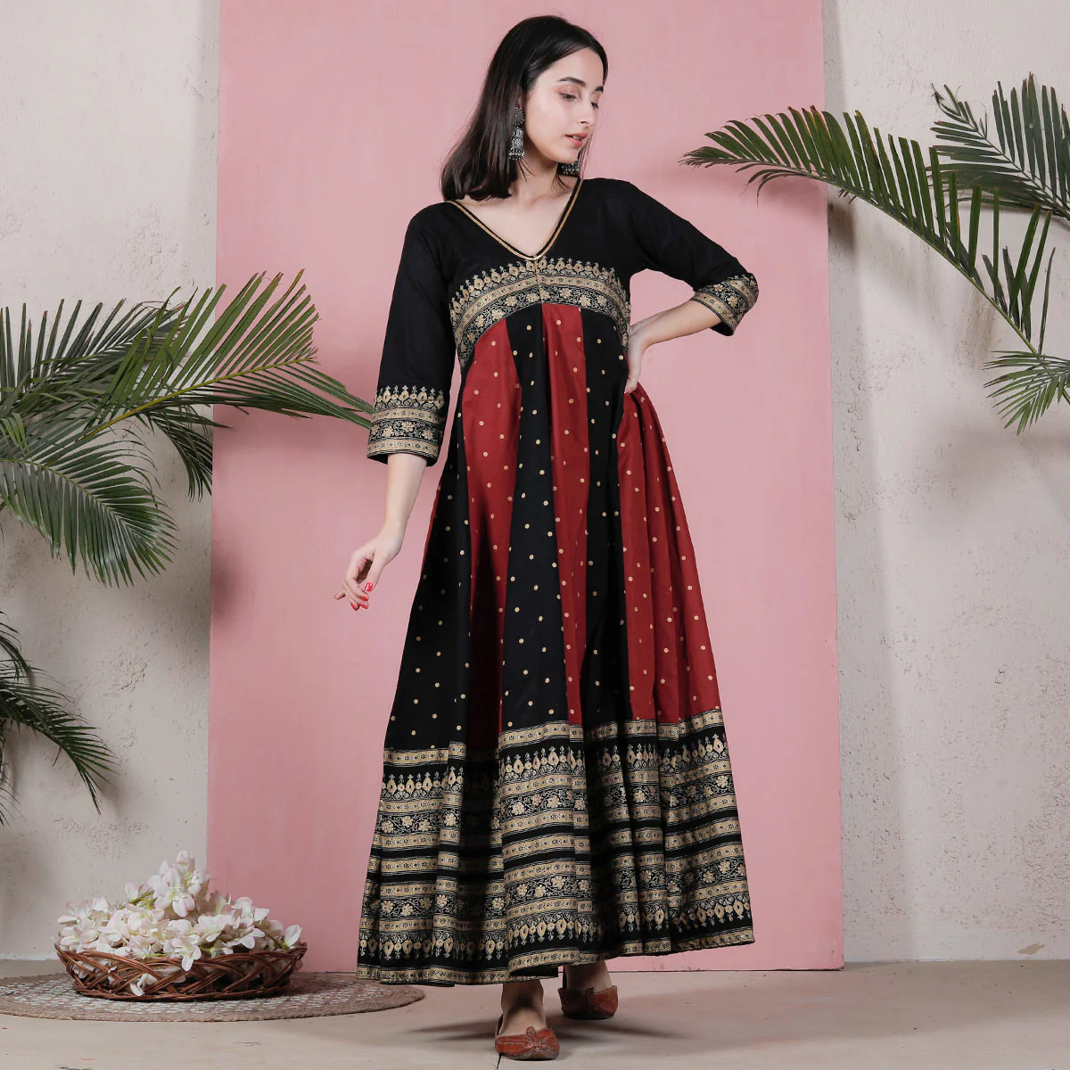 Black & Maroon Long Kalidaar Dress with Border Details - Image 19