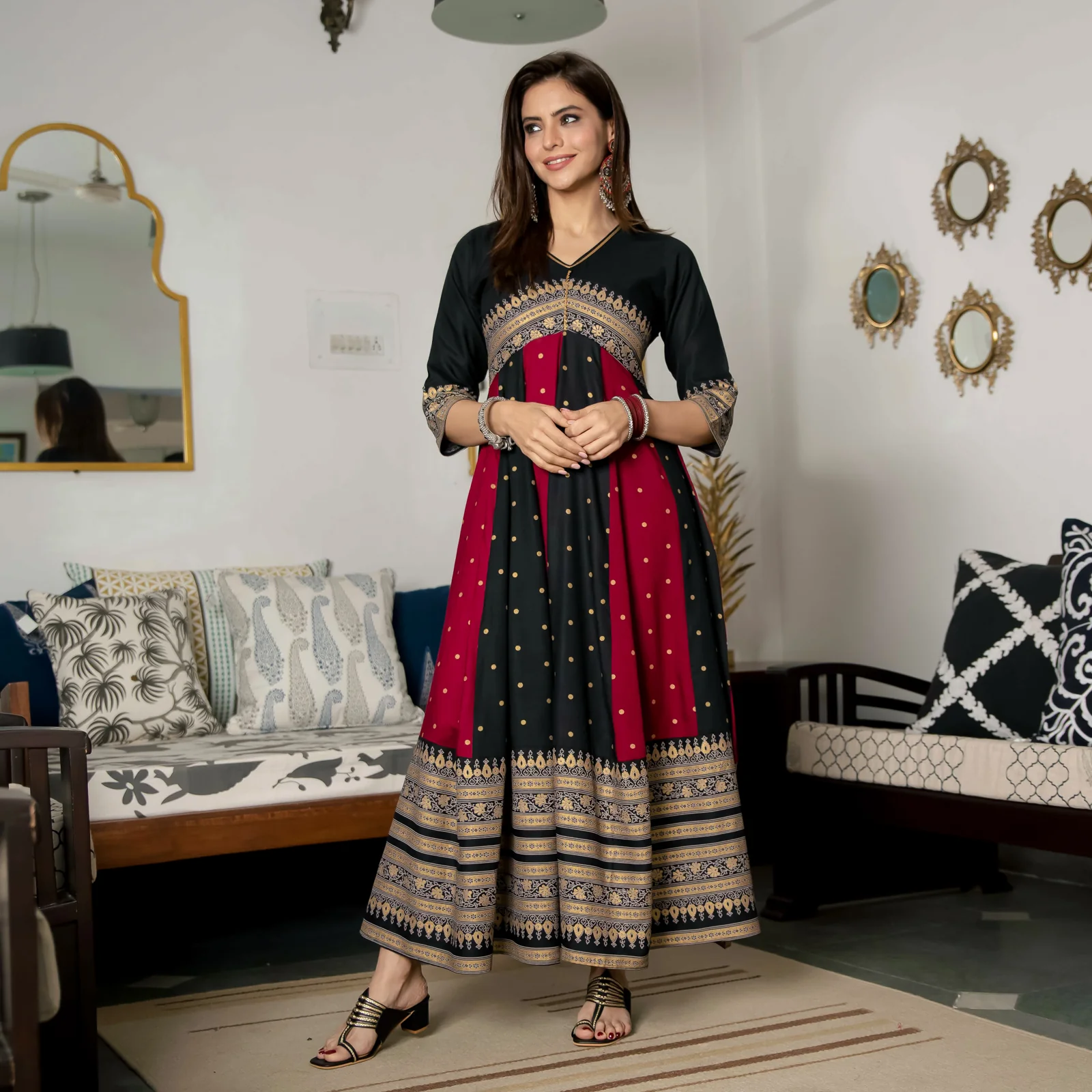 Black & Maroon Long Kalidaar Dress with Border Details - Image 3