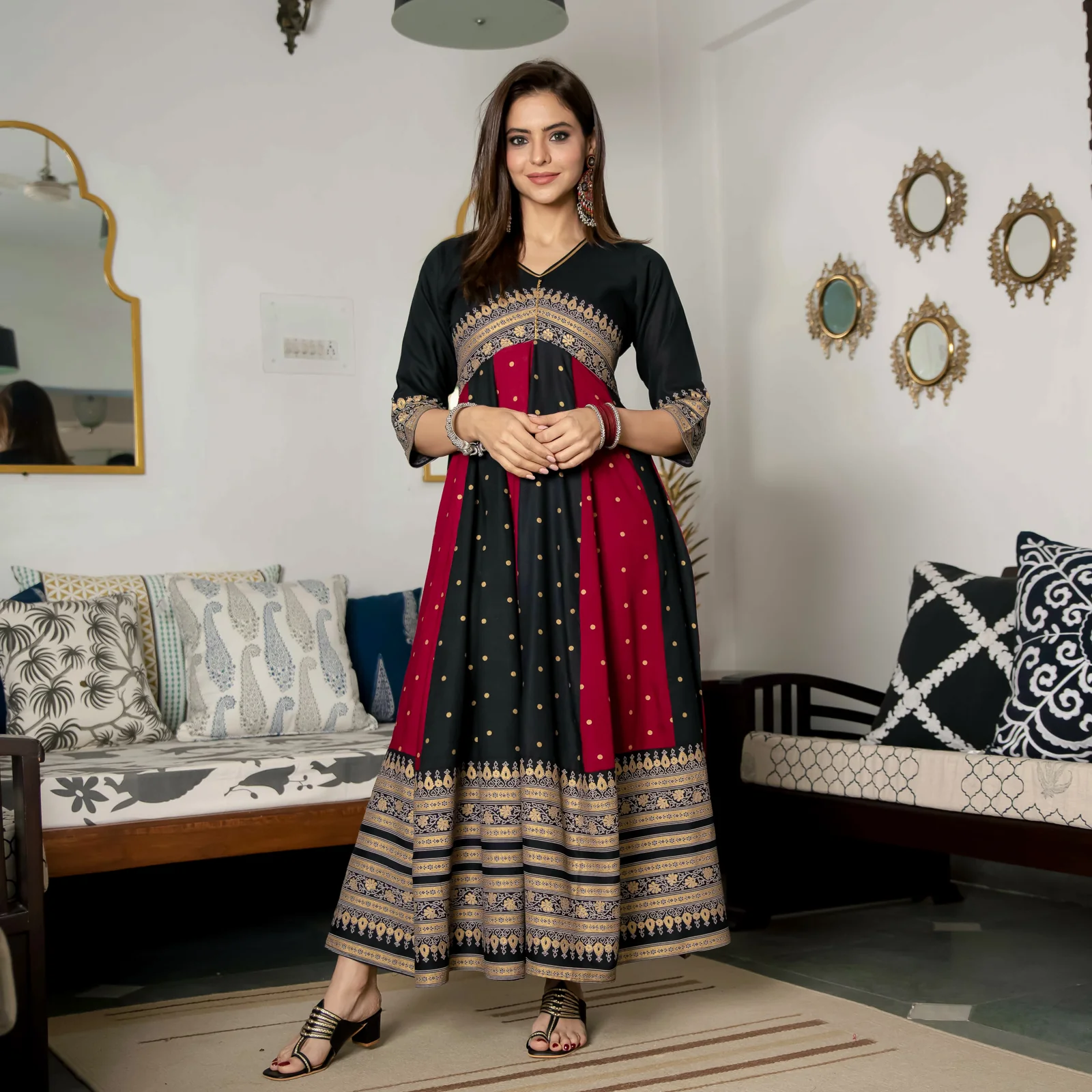 Black & Maroon Long Kalidaar Dress with Border Details - Image 4