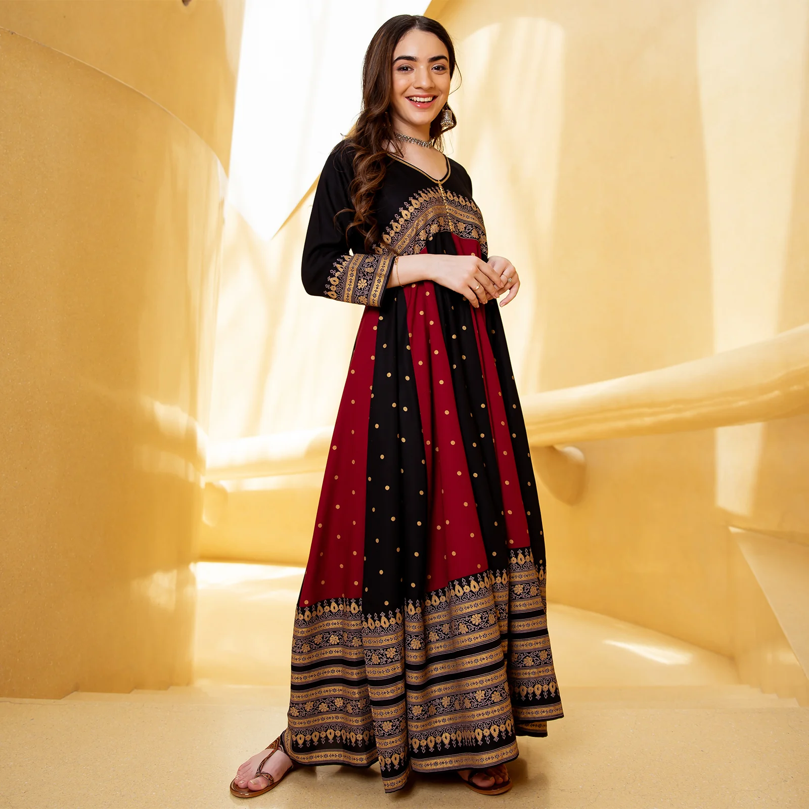 Black & Maroon Long Kalidaar Dress with Border Details - Image 5