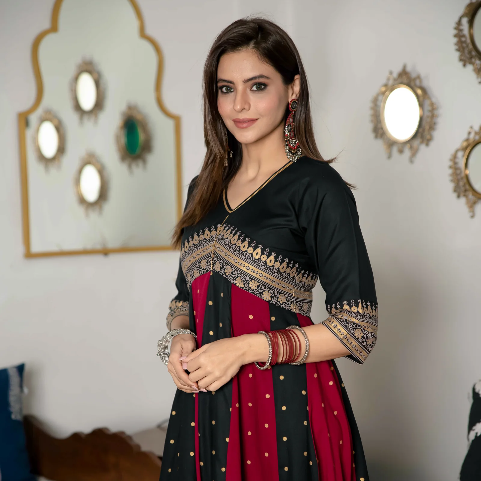 Black & Maroon Long Kalidaar Dress with Border Details - Image 6