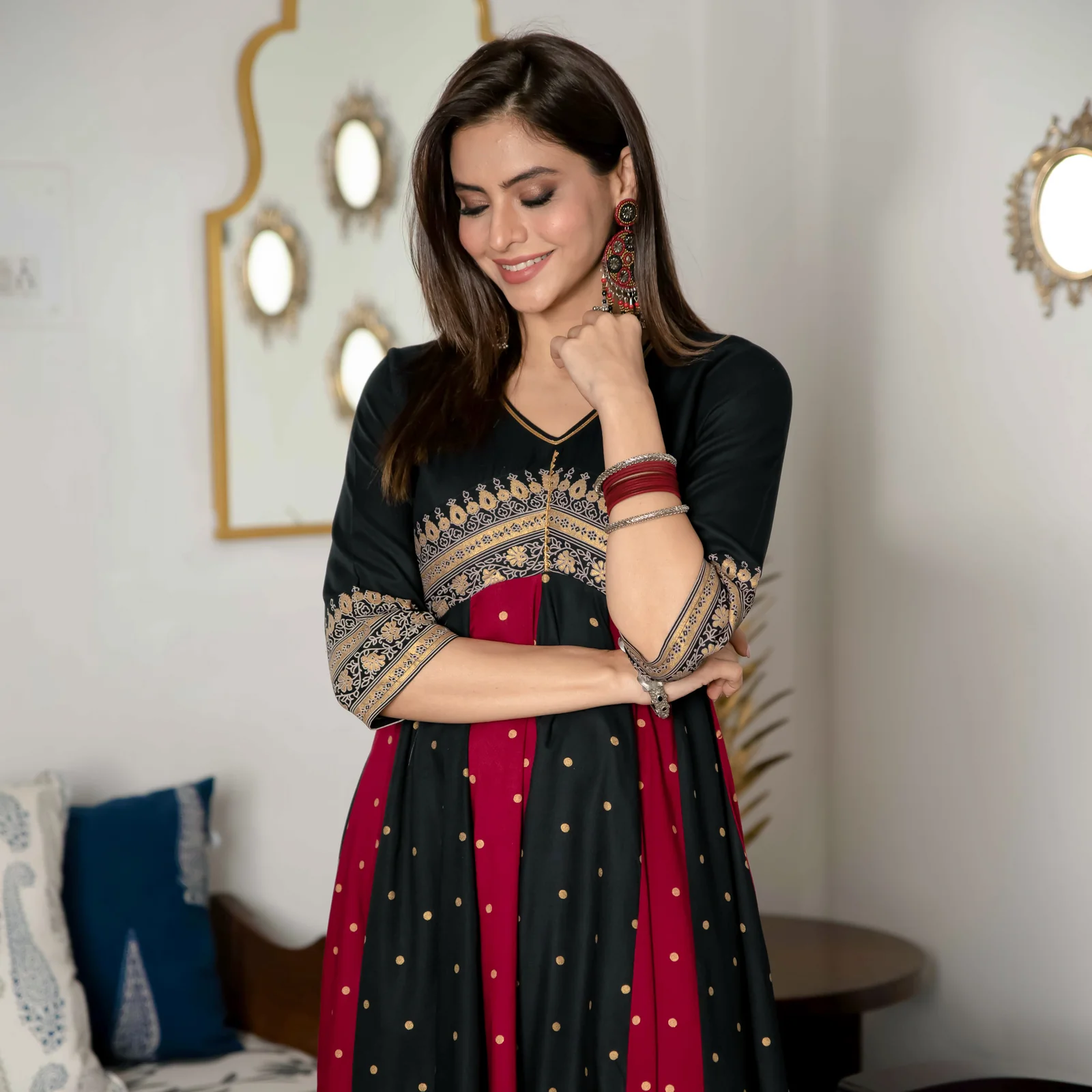 Black & Maroon Long Kalidaar Dress with Border Details - Image 7