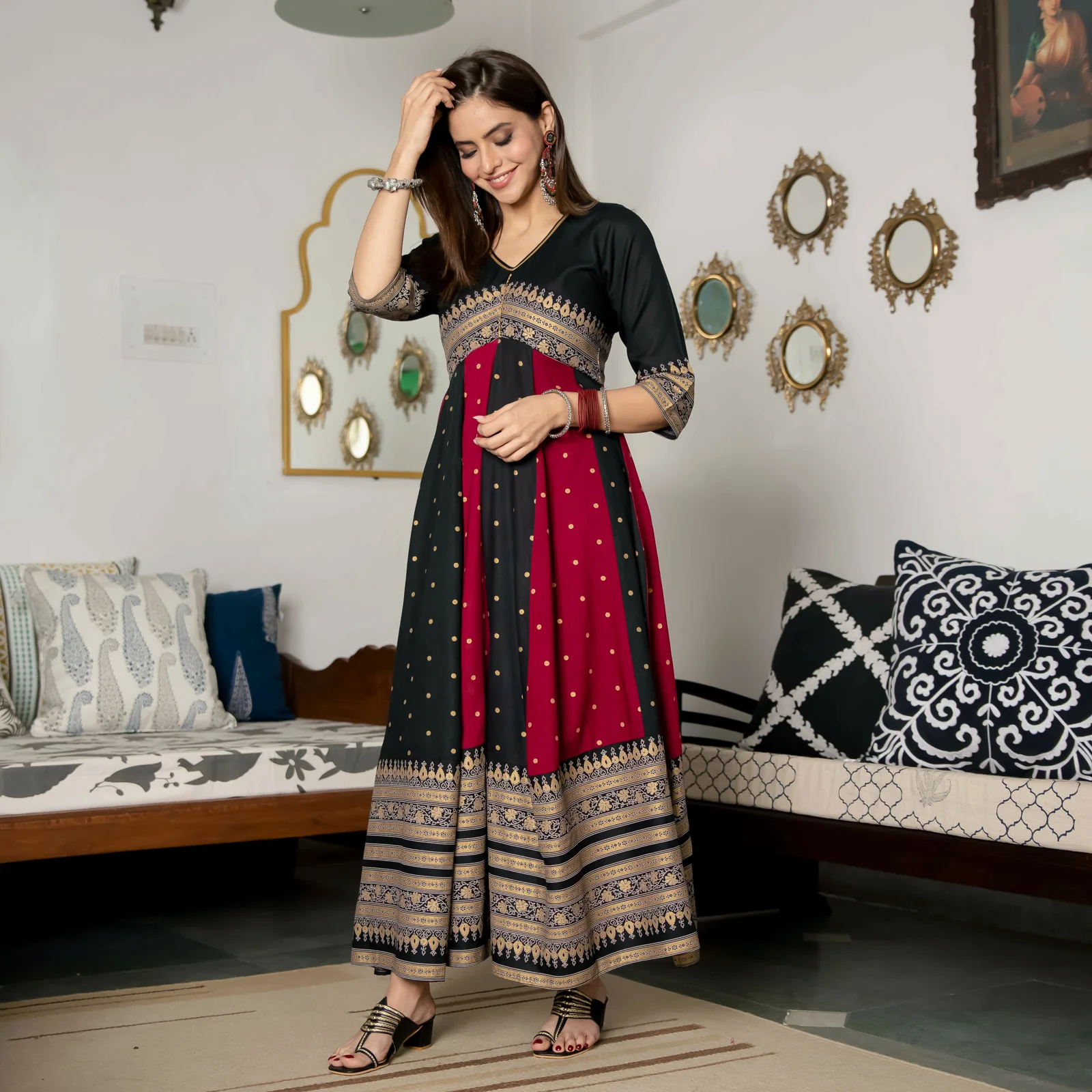 Black & Maroon Long Kalidaar Dress with Border Details - Image 8