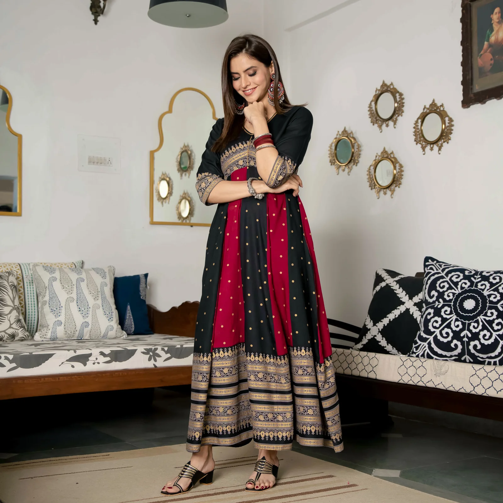 Black & Maroon Long Kalidaar Dress with Border Details - Image 9