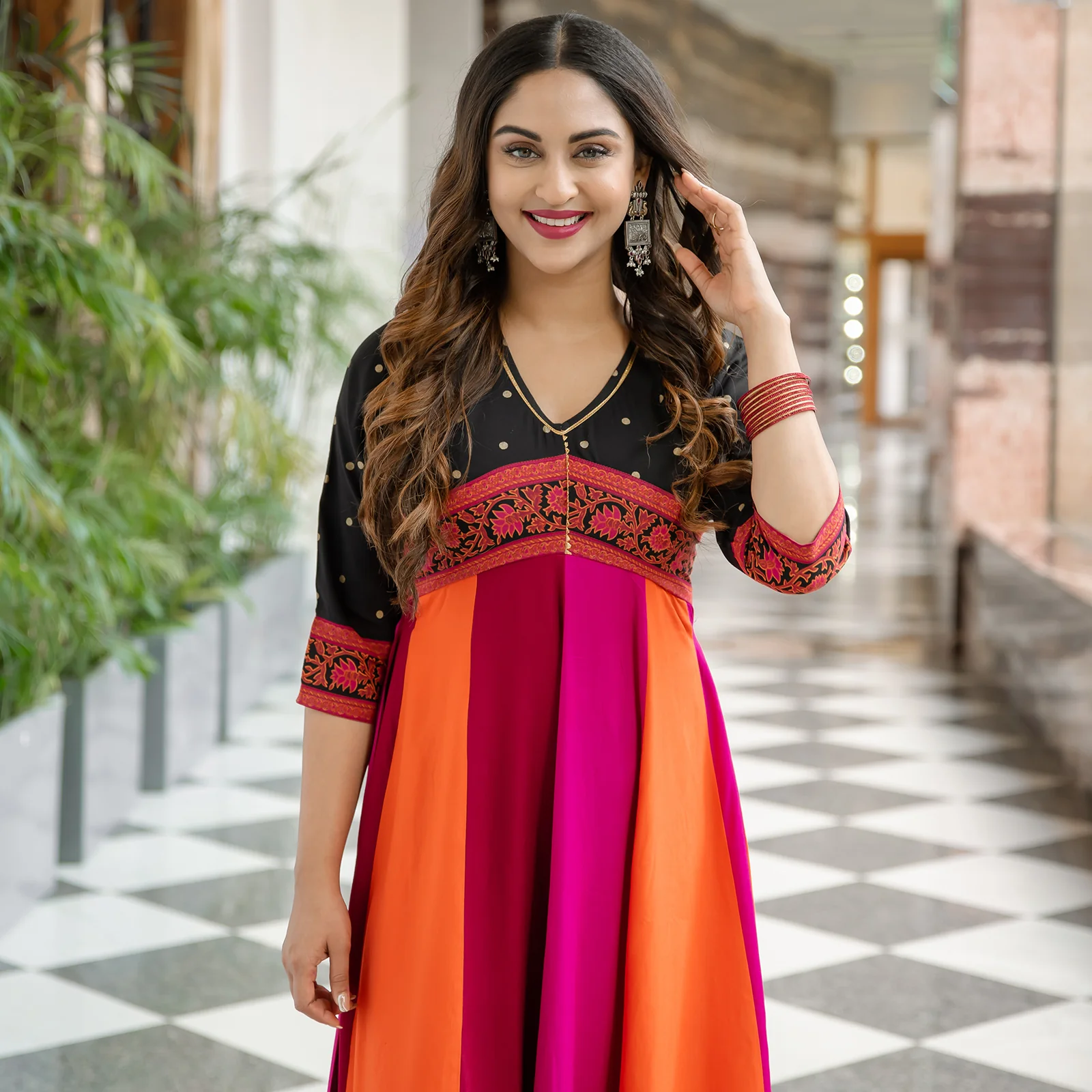 Black Multicolour Long Kalidaar Dress with Border Details - Image 12
