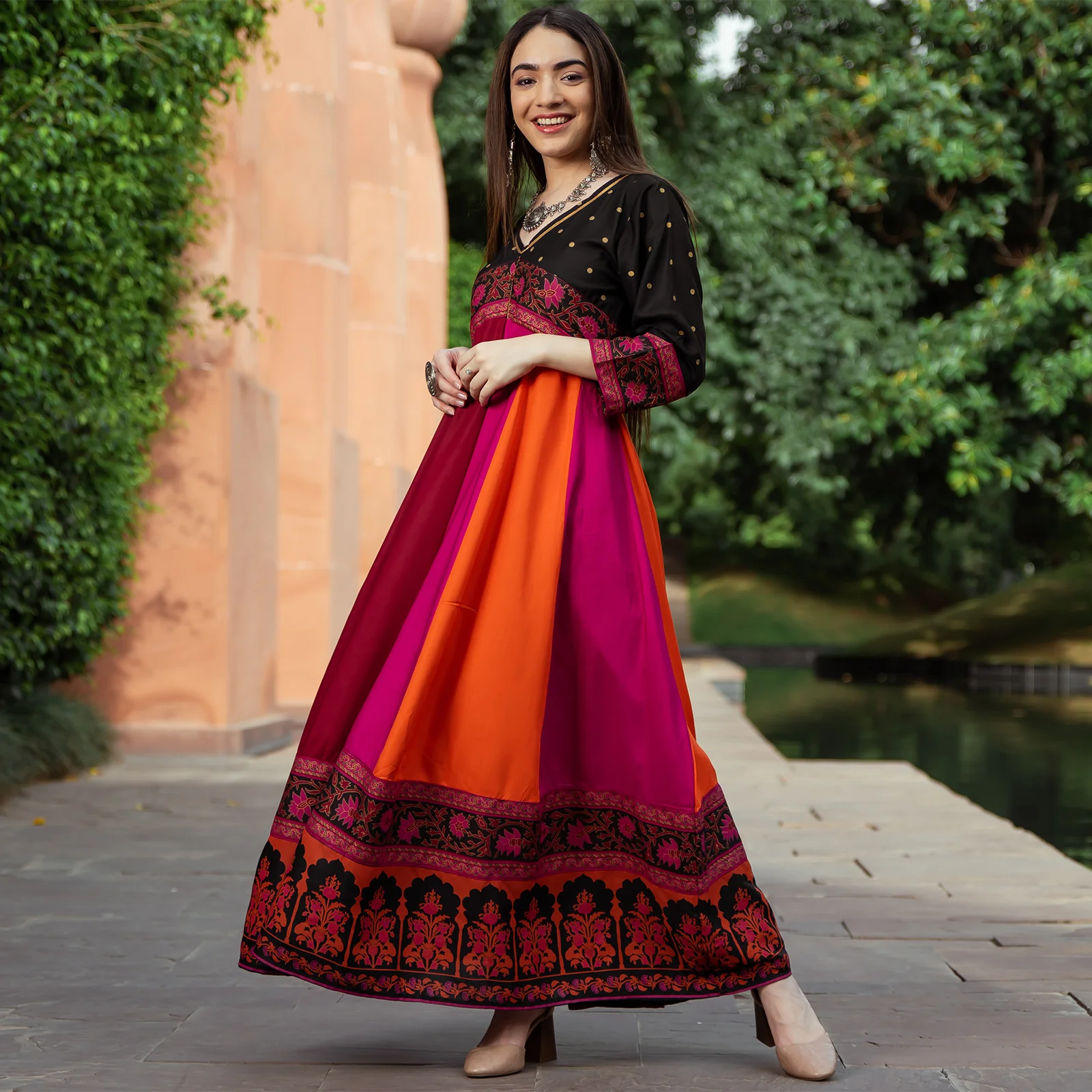 Black Multicolour Long Kalidaar Dress with Border Details - Image 3