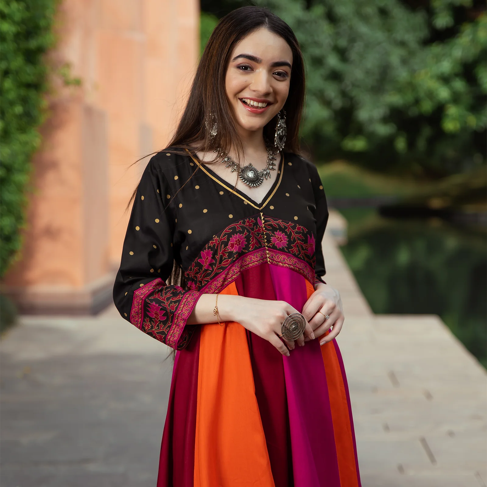 Black Multicolour Long Kalidaar Dress with Border Details - Image 4