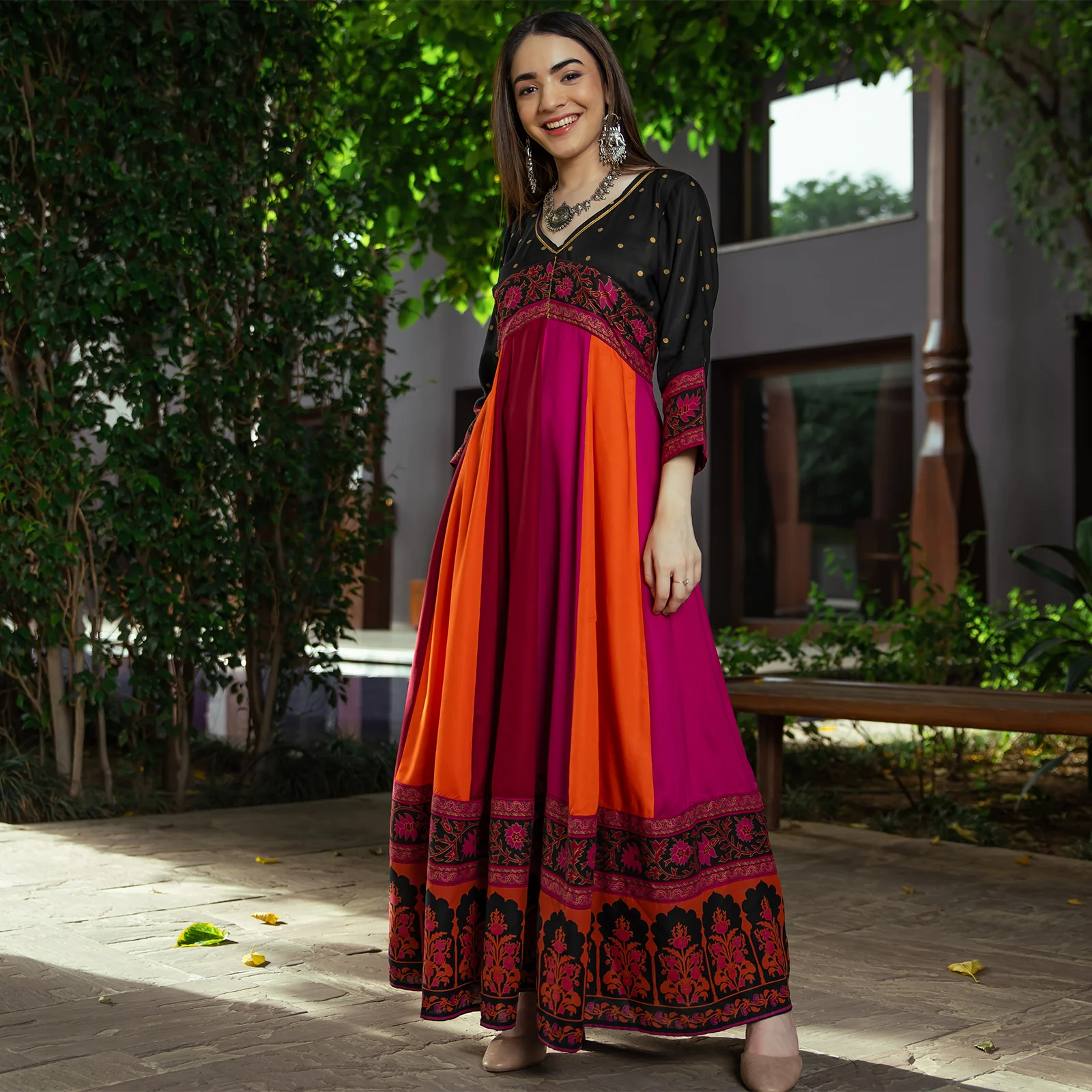 Black Multicolour Long Kalidaar Dress with Border Details - Image 5