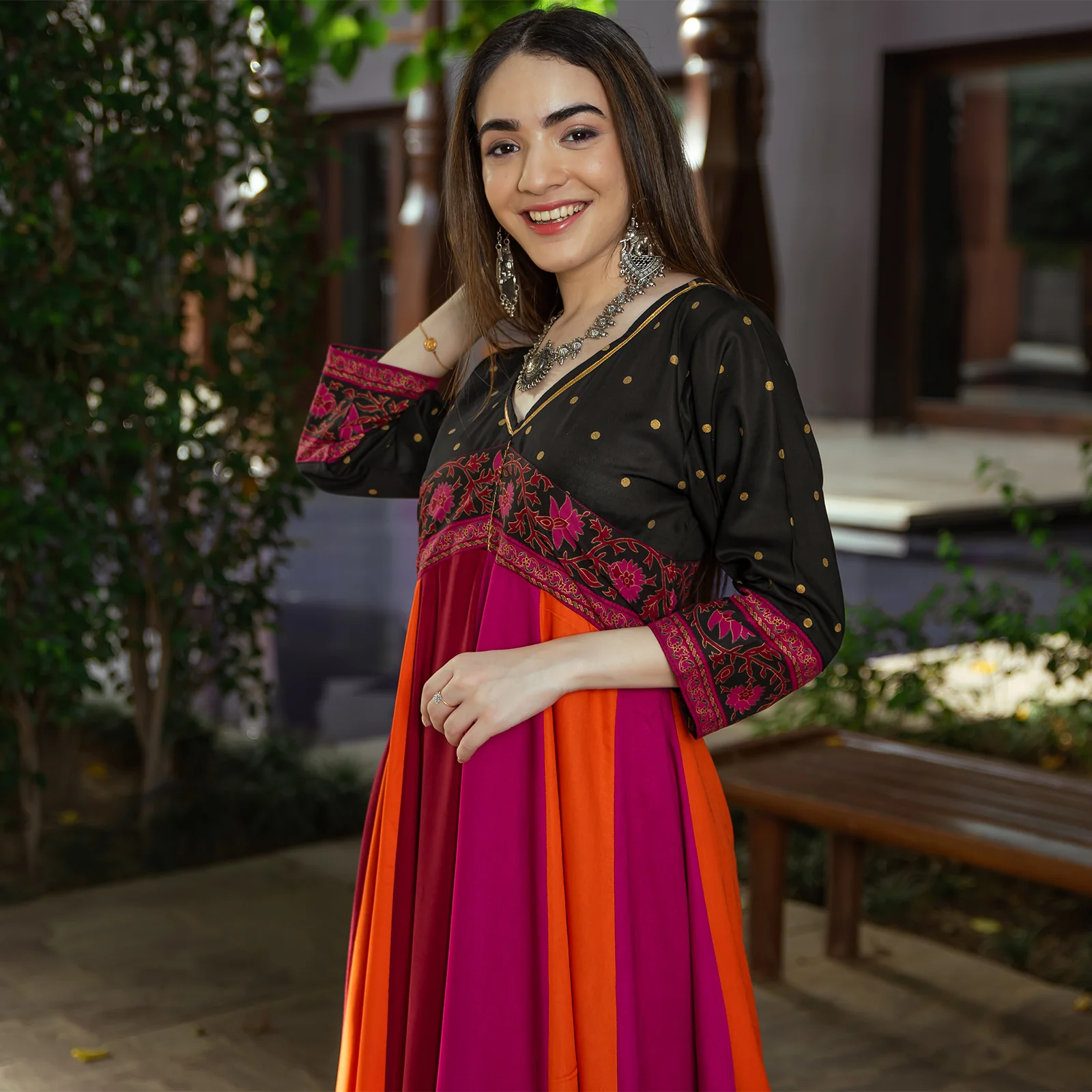 Black Multicolour Long Kalidaar Dress with Border Details - Image 6