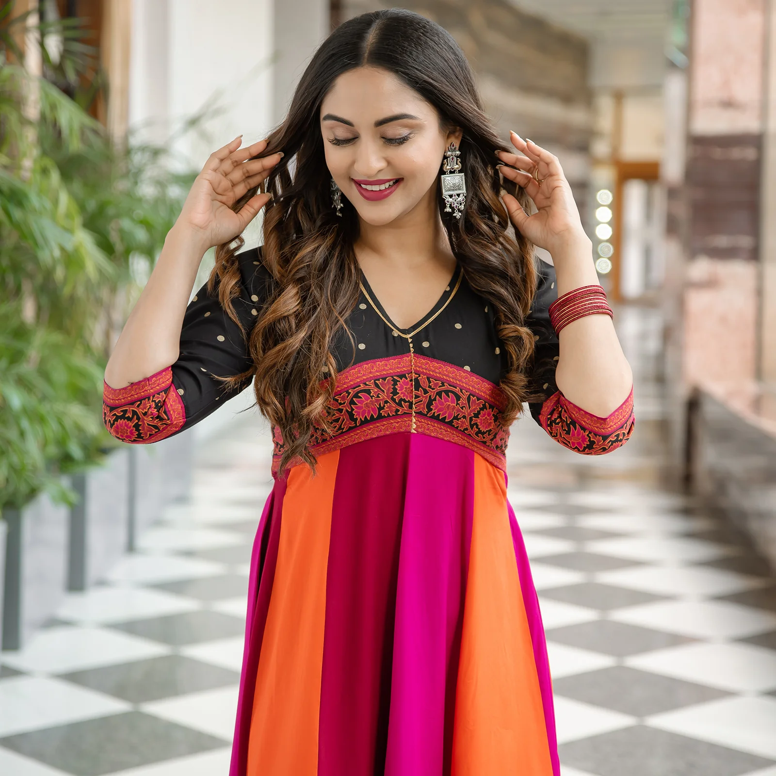 Black Multicolour Long Kalidaar Dress with Border Details - Image 7