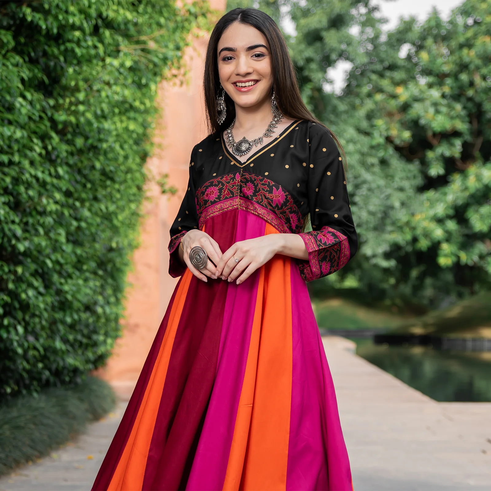 Black Multicolour Long Kalidaar Dress with Border Details - Image 8