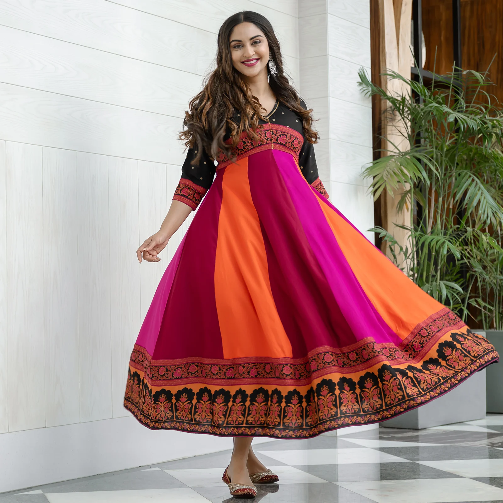 Black Multicolour Long Kalidaar Dress with Border Details - Image 9