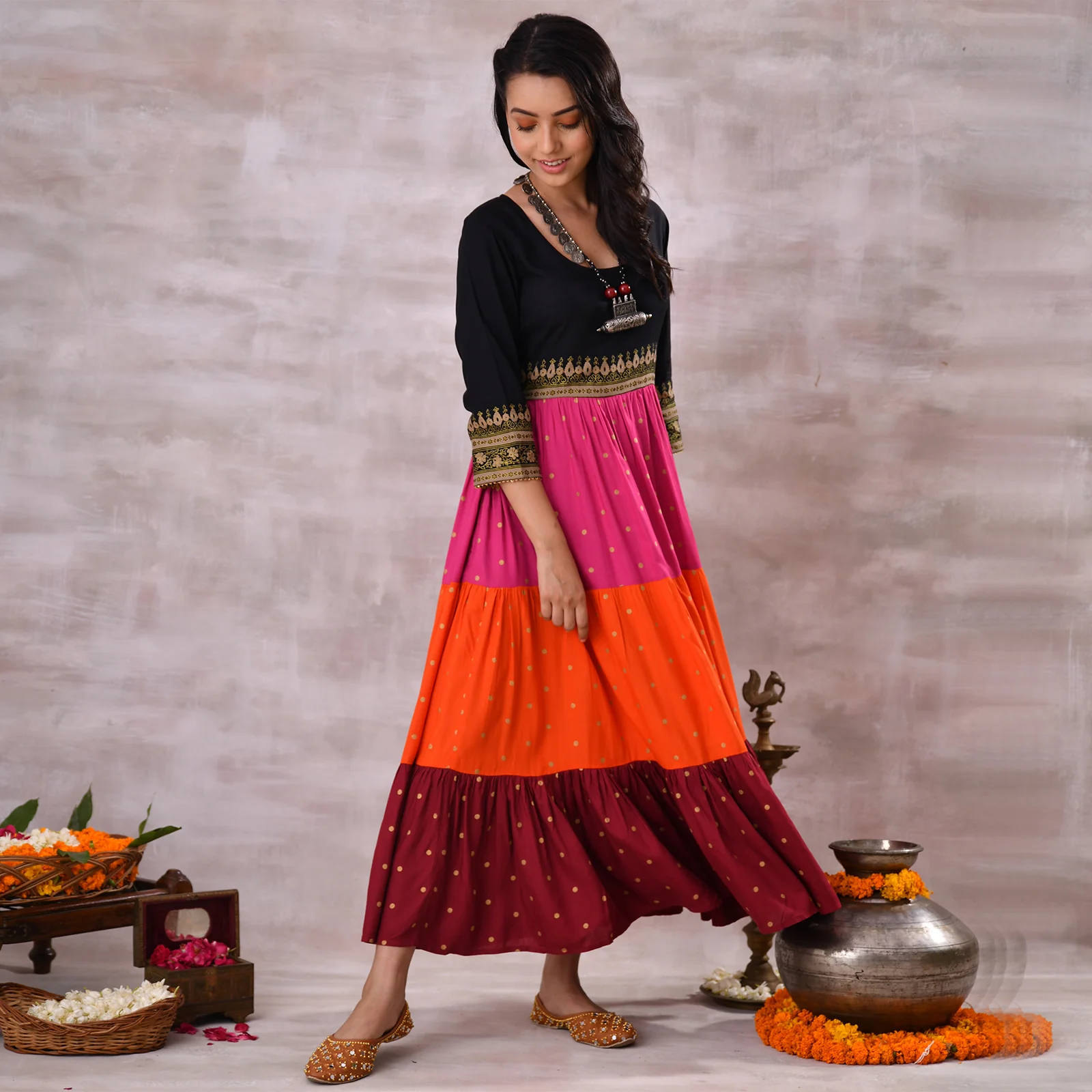 Black Multicoloured Tiered Dress with Polka Prints & Gota Details - Image 10