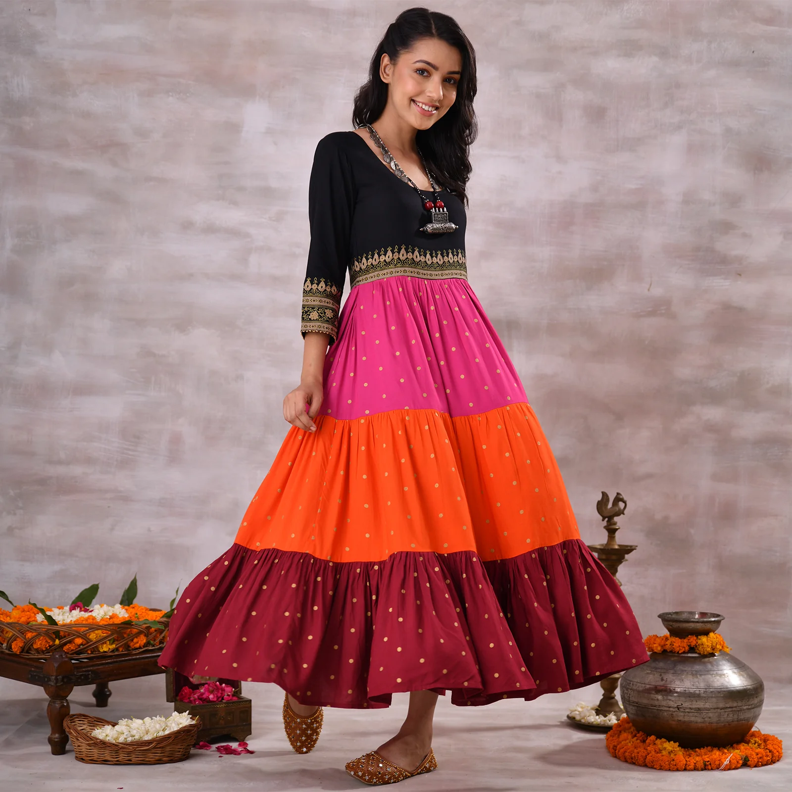 Black Multicoloured Tiered Dress with Polka Prints & Gota Details - Image 11