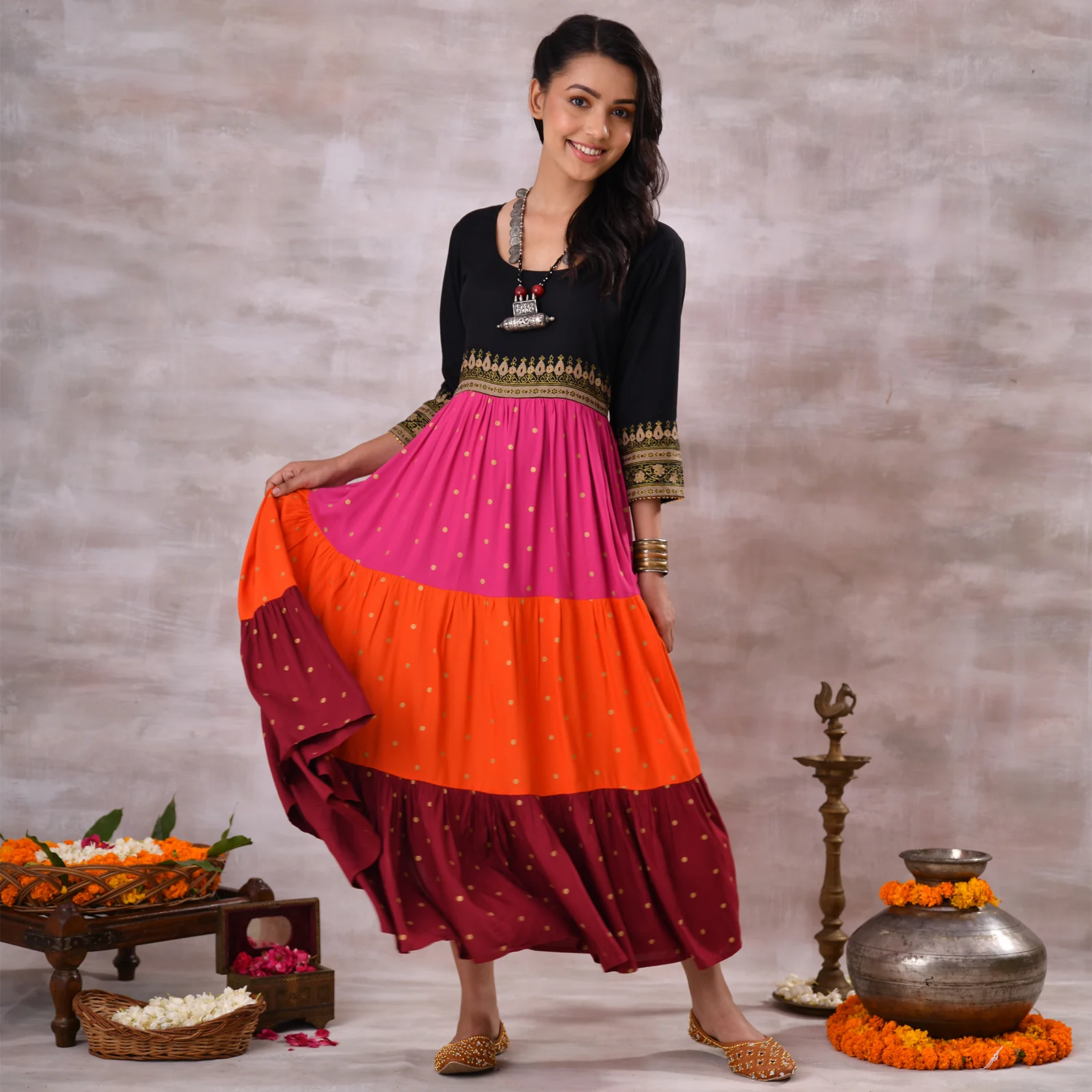 Black Multicoloured Tiered Dress with Polka Prints & Gota Details - Image 12