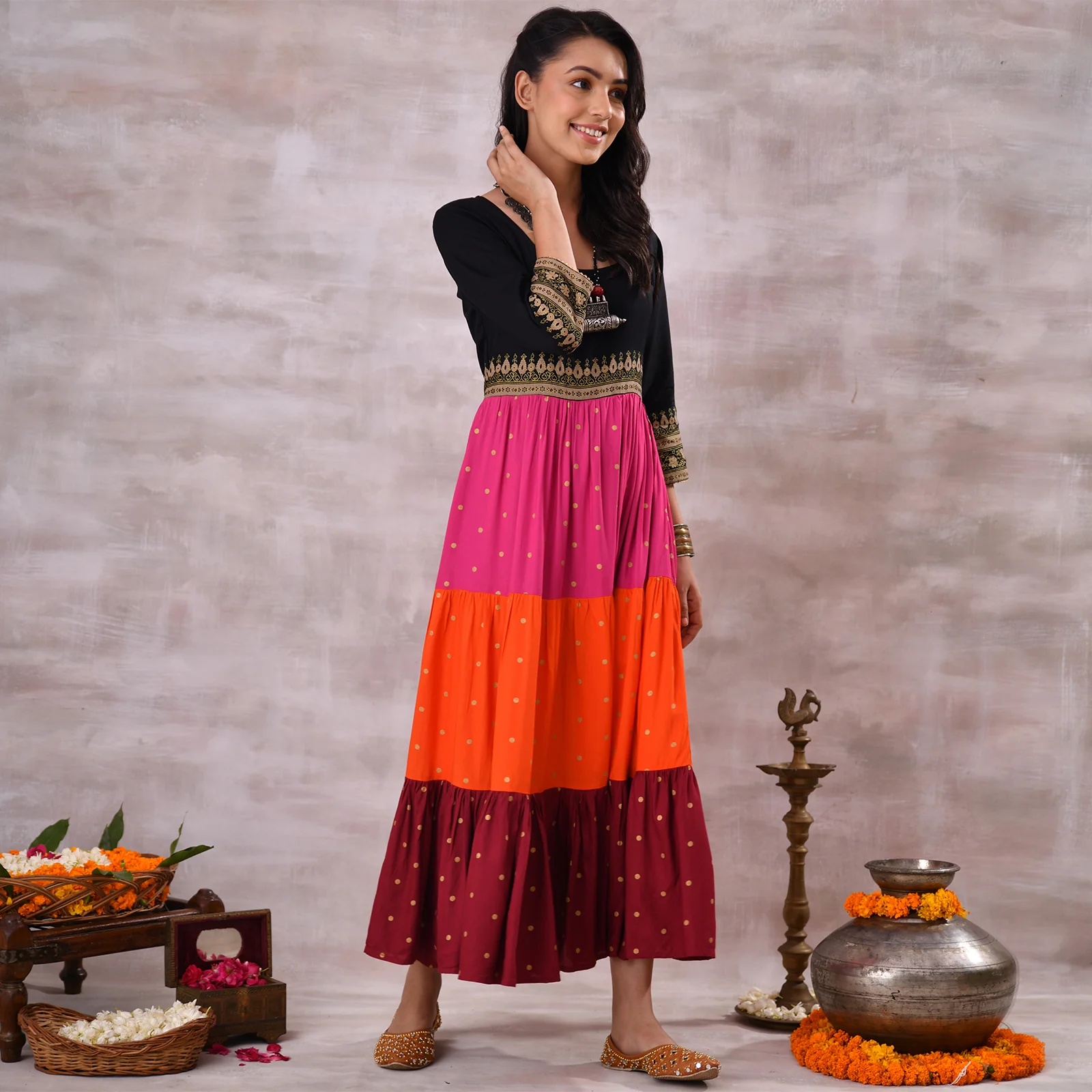 Black Multicoloured Tiered Dress with Polka Prints & Gota Details - Image 13