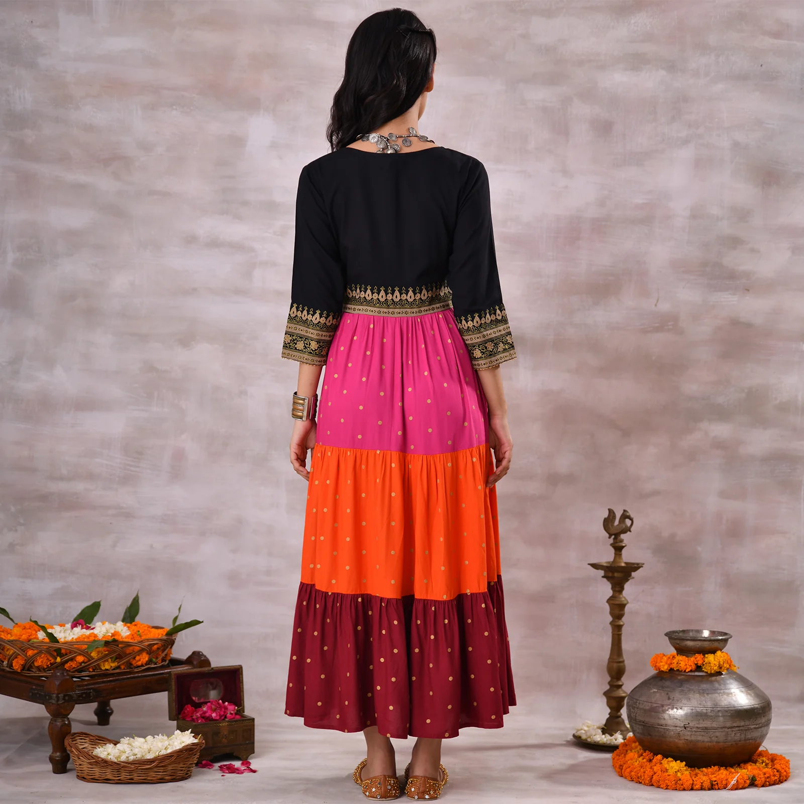 Black Multicoloured Tiered Dress with Polka Prints & Gota Details - Image 14