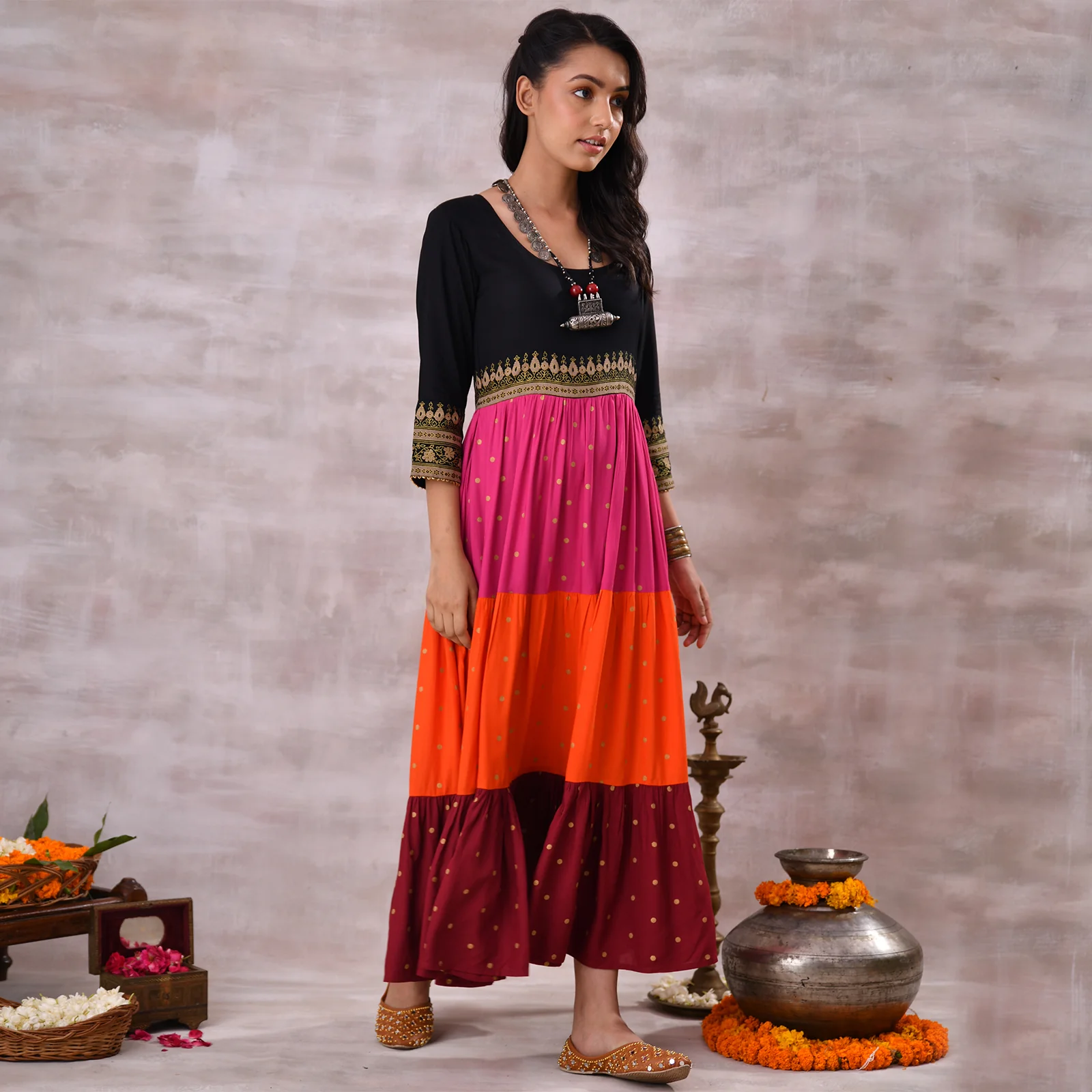 Black Multicoloured Tiered Dress with Polka Prints & Gota Details - Image 15