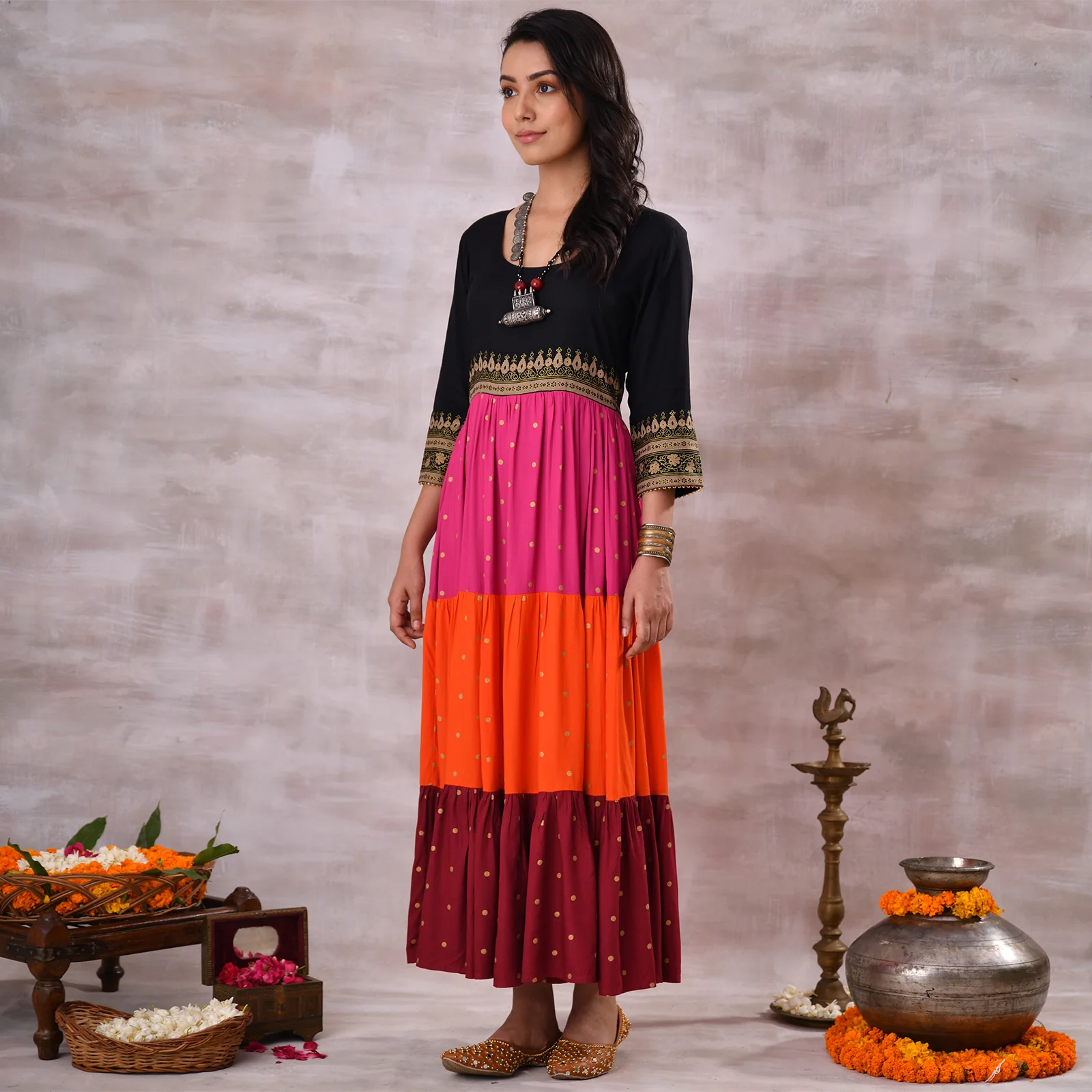 Black Multicoloured Tiered Dress with Polka Prints & Gota Details - Image 16