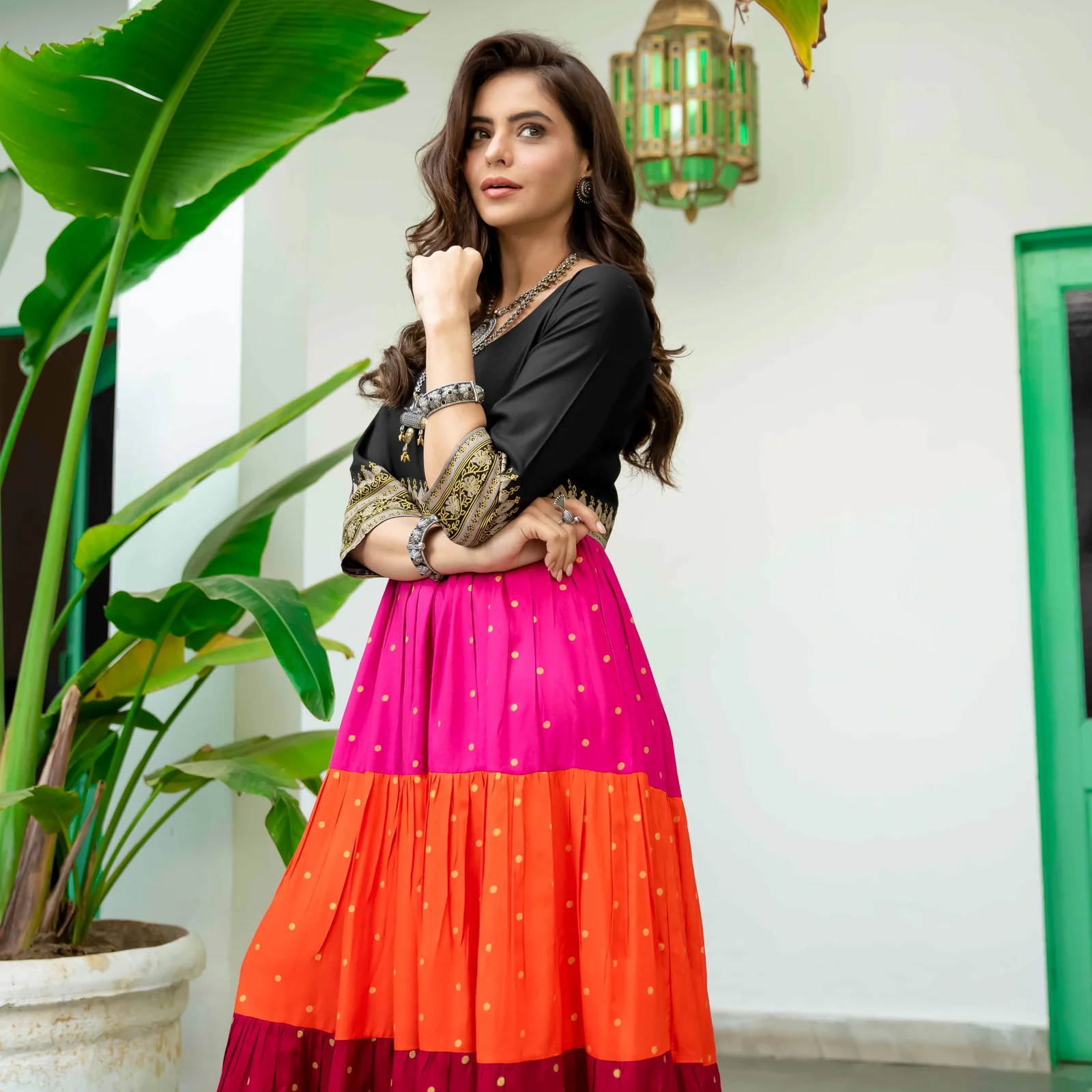 Black Multicoloured Tiered Dress with Polka Prints & Gota Details - Image 17