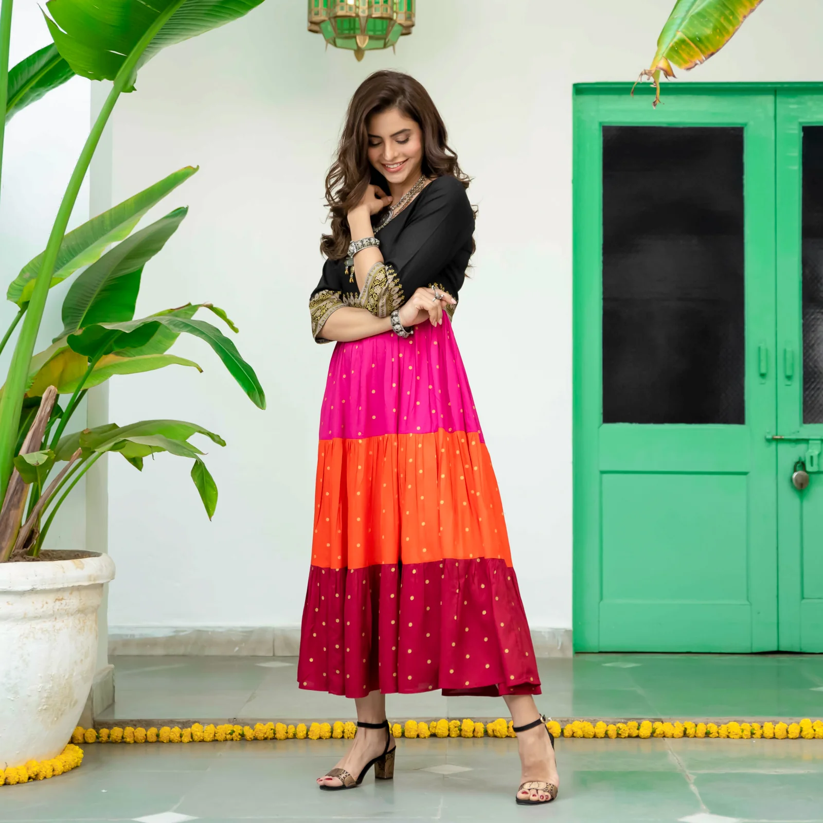 Black Multicoloured Tiered Dress with Polka Prints & Gota Details - Image 19