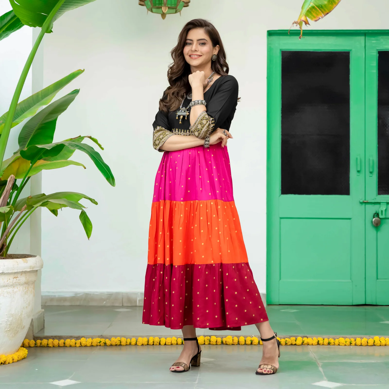 Black Multicoloured Tiered Dress with Polka Prints & Gota Details - Image 20