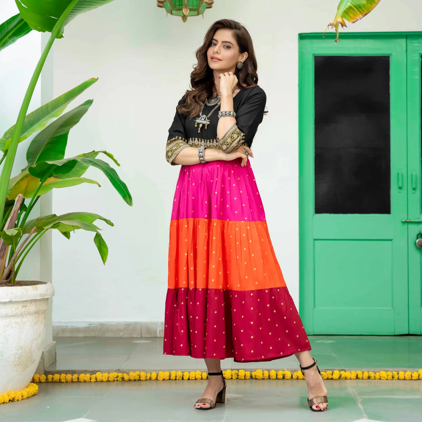 Black Multicoloured Tiered Dress with Polka Prints & Gota Details - Image 21