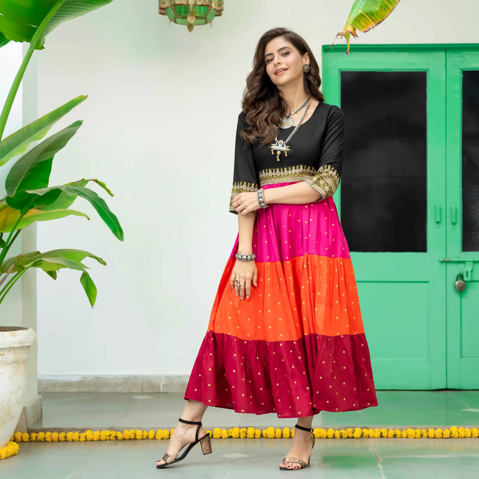 Black Multicoloured Tiered Dress with Polka Prints & Gota Details - Image 6