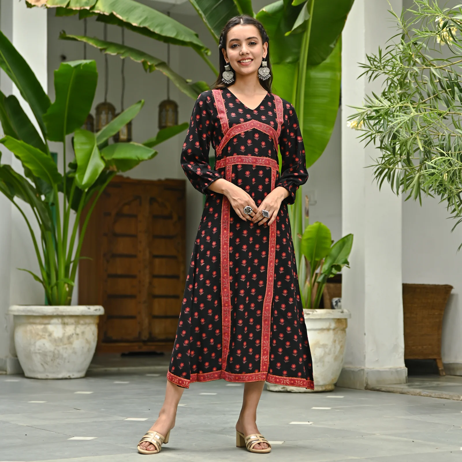 Black Printed Front Slit Alia Cut Dress