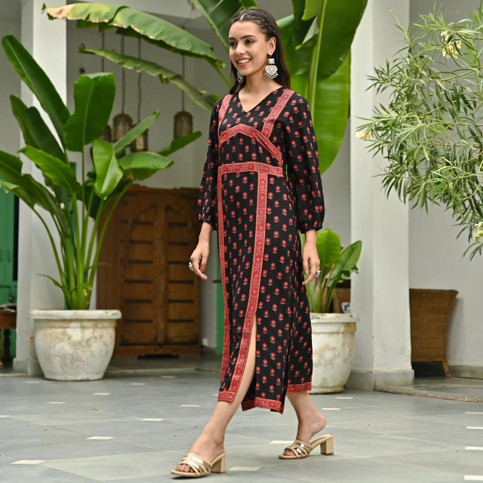Black Printed Front Slit Alia Cut Dress - Image 2