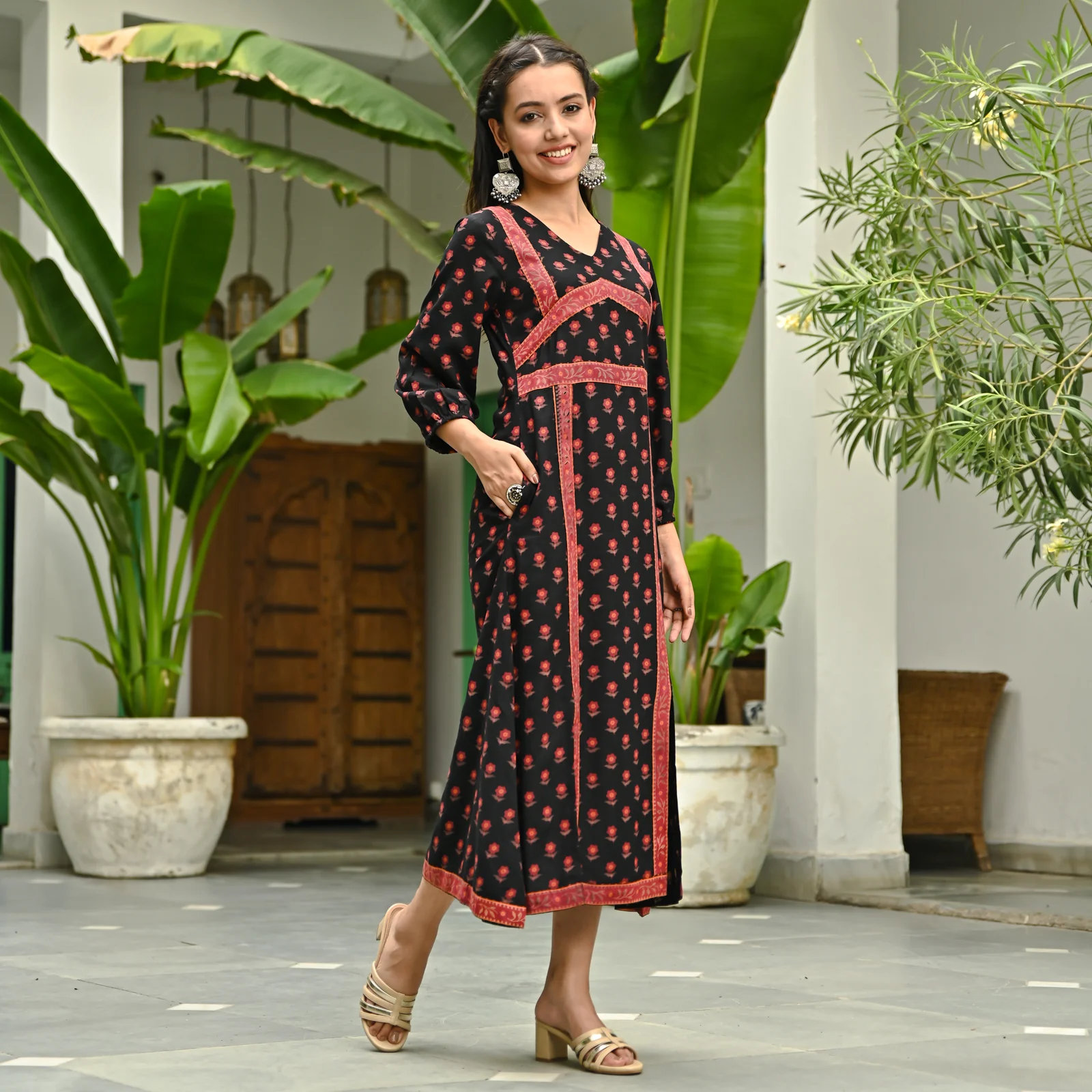 Black Printed Front Slit Alia Cut Dress - Image 3