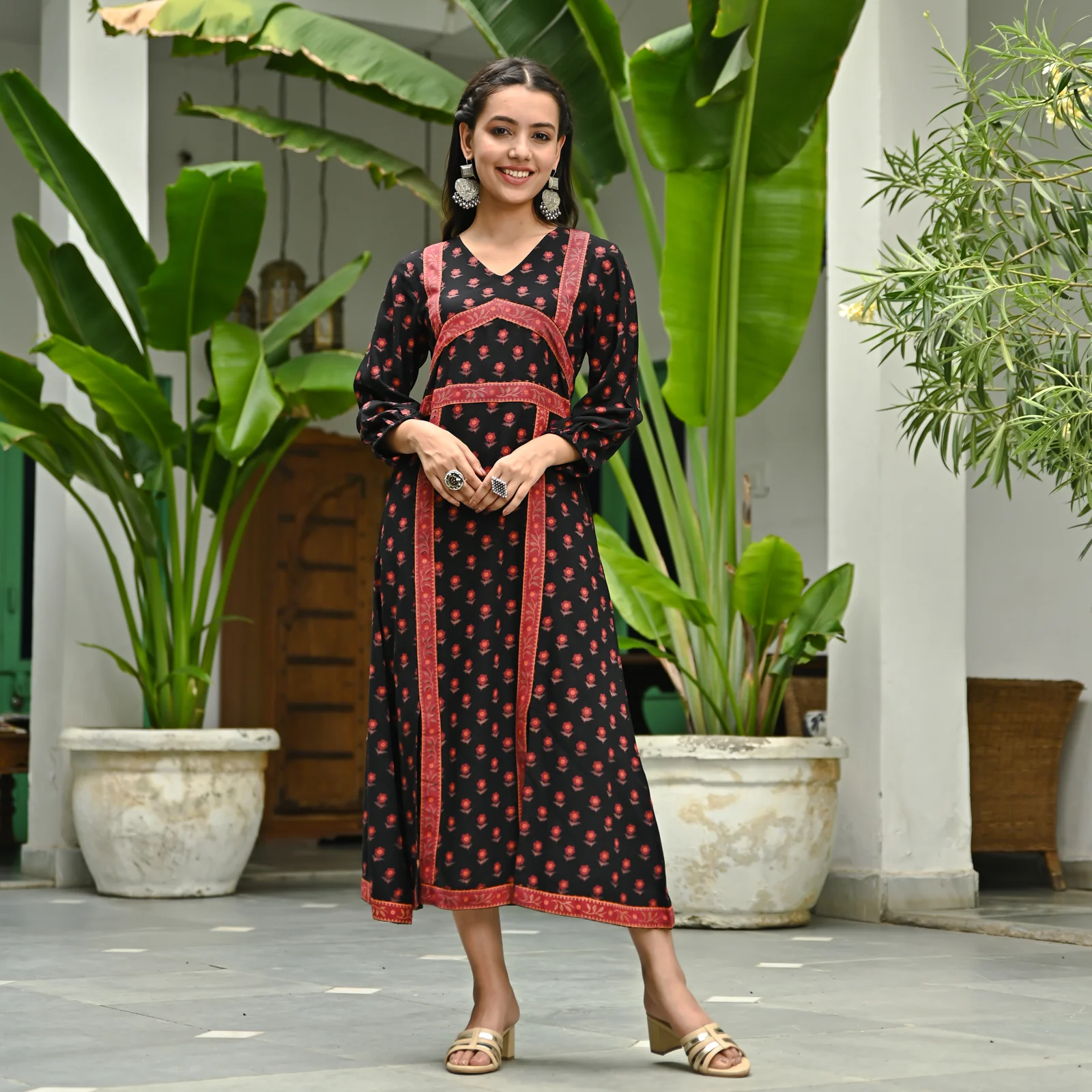 Black Printed Front Slit Alia Cut Dress - Image 4