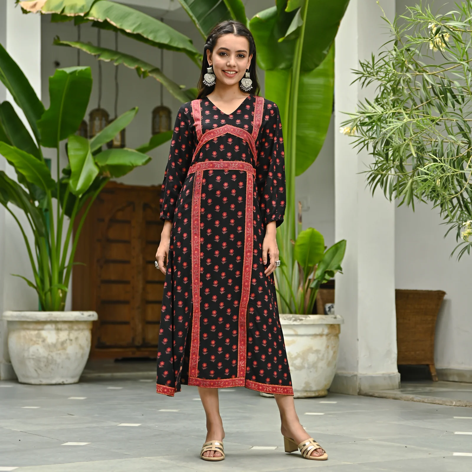 Black Printed Front Slit Alia Cut Dress - Image 5