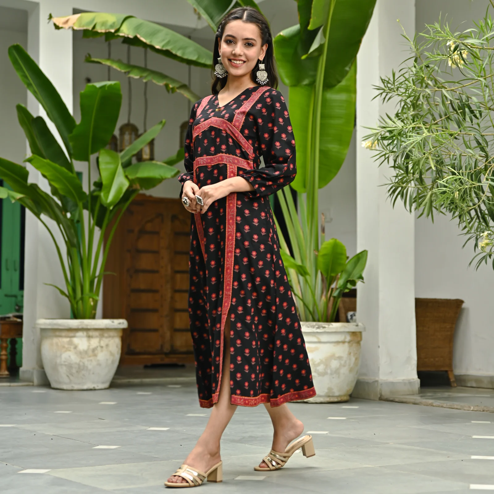 Black Printed Front Slit Alia Cut Dress - Image 6