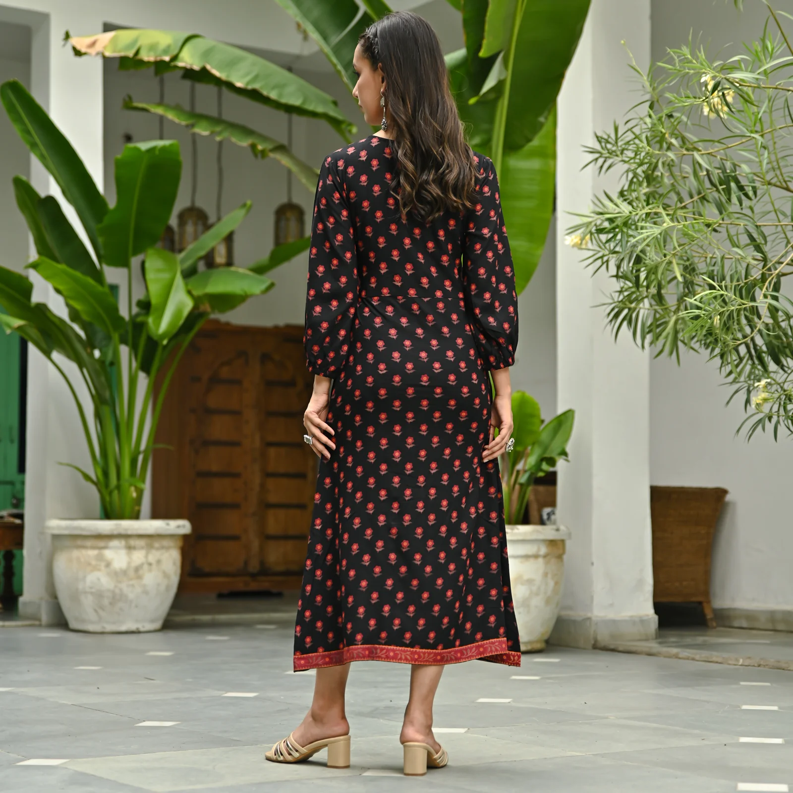 Black Printed Front Slit Alia Cut Dress - Image 7