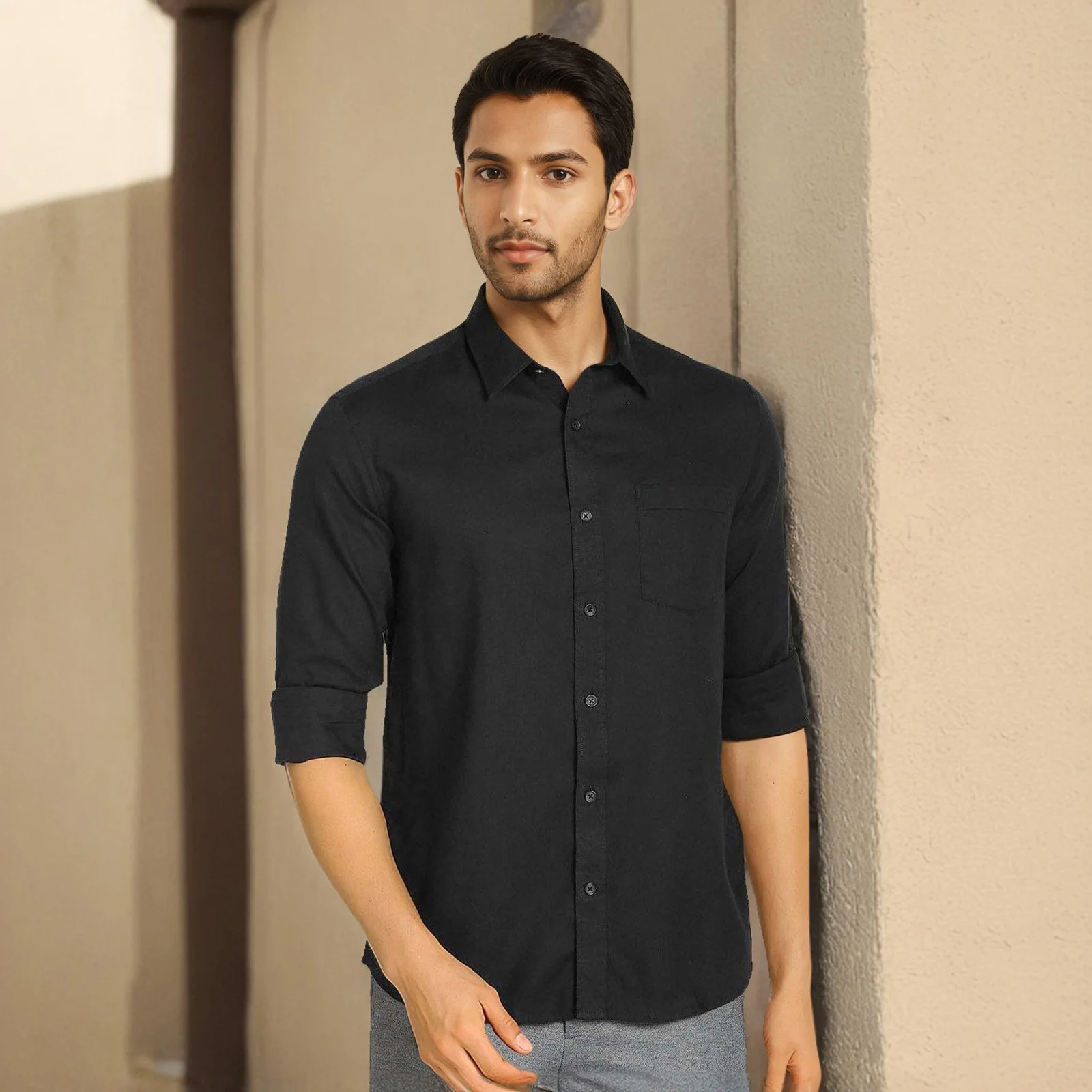 Black Solid Linen Cotton Shirt for Men - Image 2