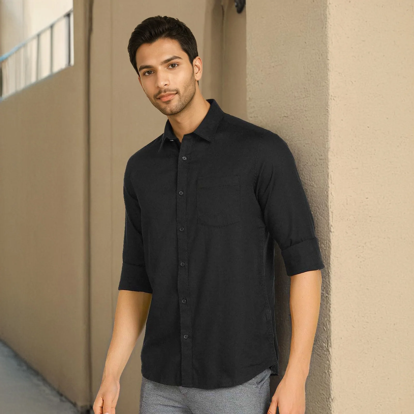 Black Solid Linen Cotton Shirt for Men - Image 3