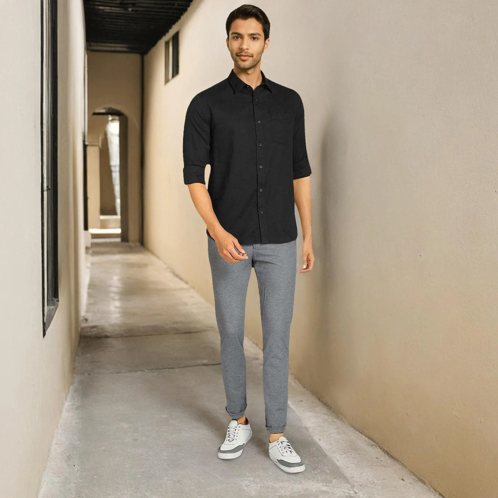 Black Solid Linen Cotton Shirt for Men - Image 4