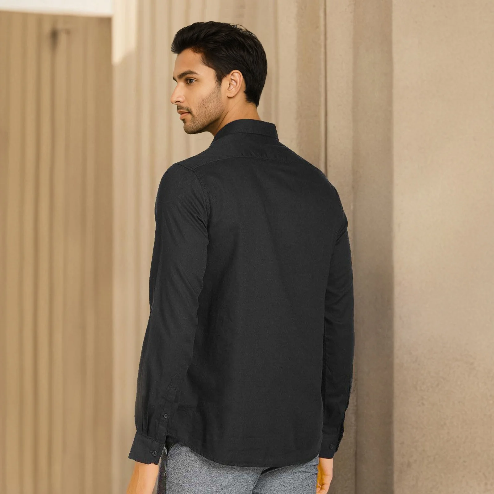 Black Solid Linen Cotton Shirt for Men - Image 5