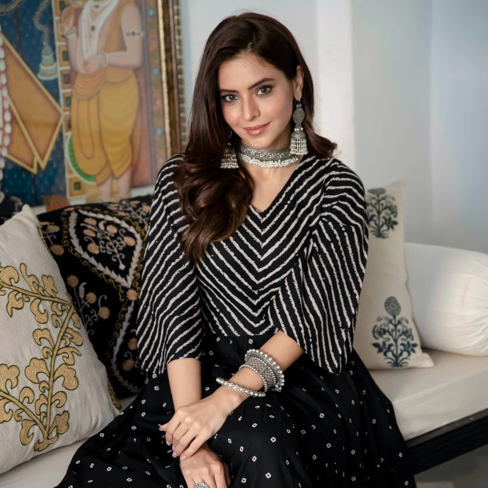 Black Bandhani & Stone Printed Tiered Dress with Flared Sleeves - Image 10