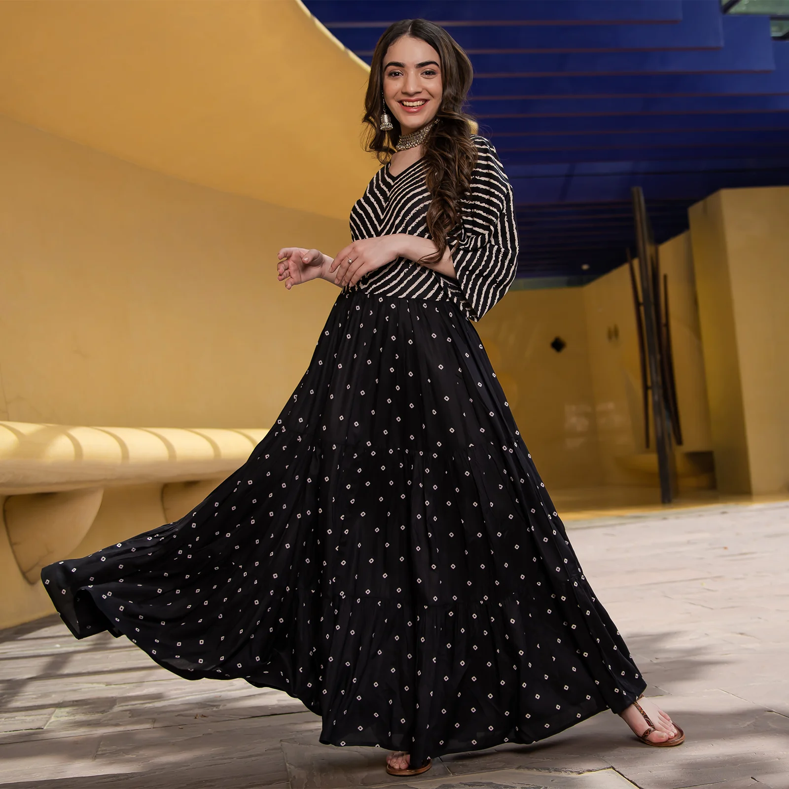 Black Bandhani & Stone Printed Tiered Dress with Flared Sleeves - Image 11