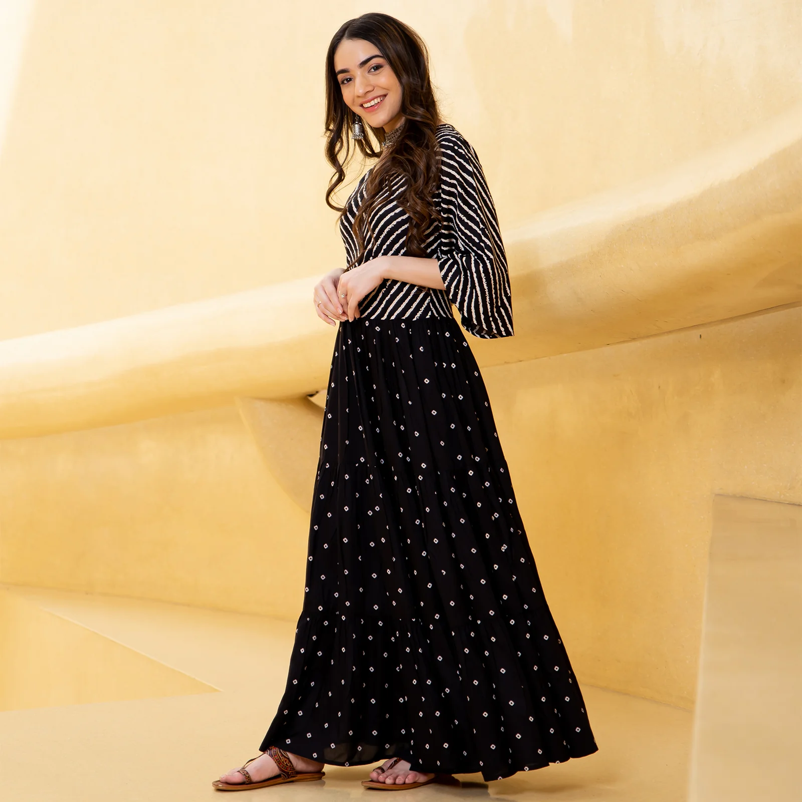Black Bandhani & Stone Printed Tiered Dress with Flared Sleeves - Image 12