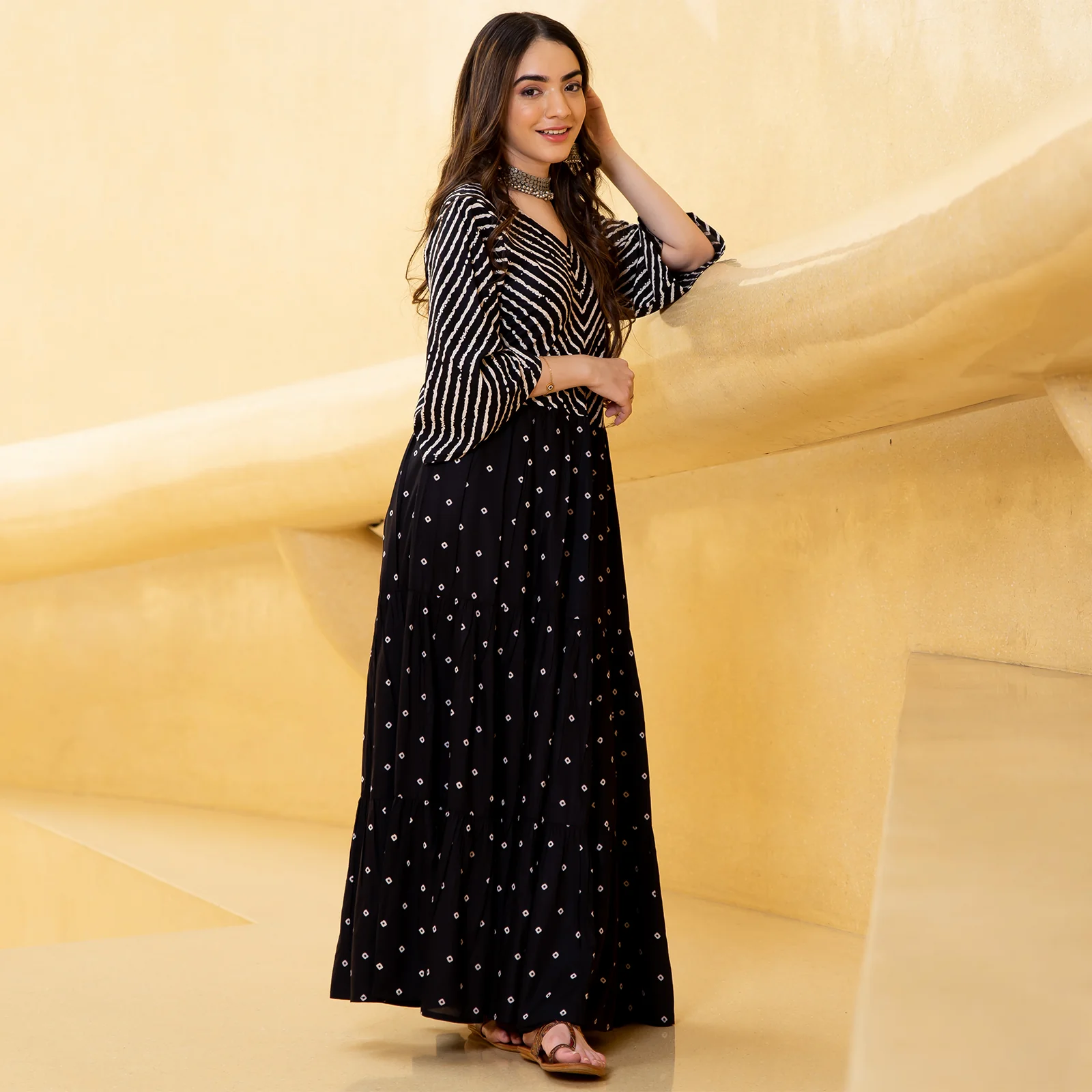 Black Bandhani & Stone Printed Tiered Dress with Flared Sleeves - Image 13