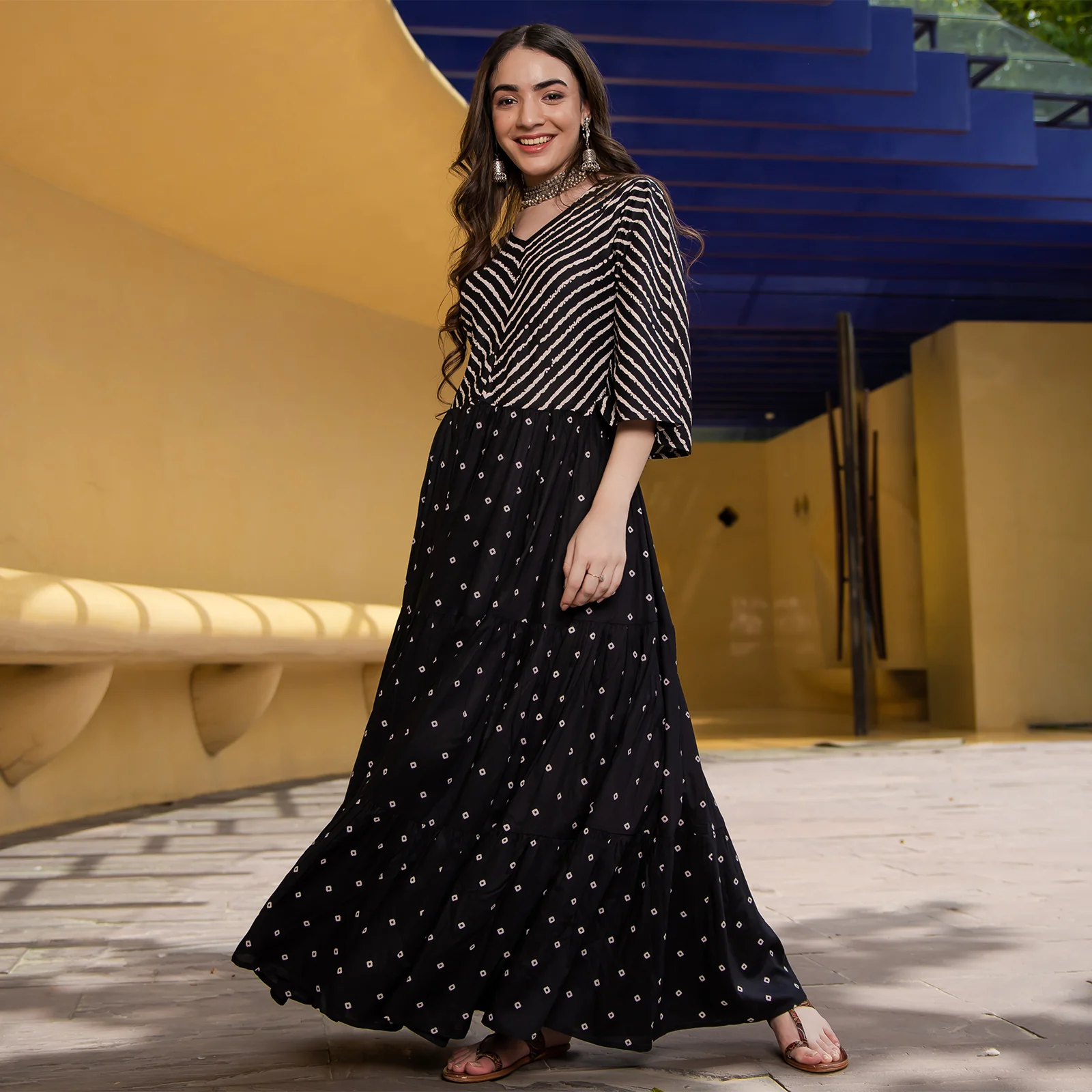 Black Bandhani & Stone Printed Tiered Dress with Flared Sleeves - Image 14
