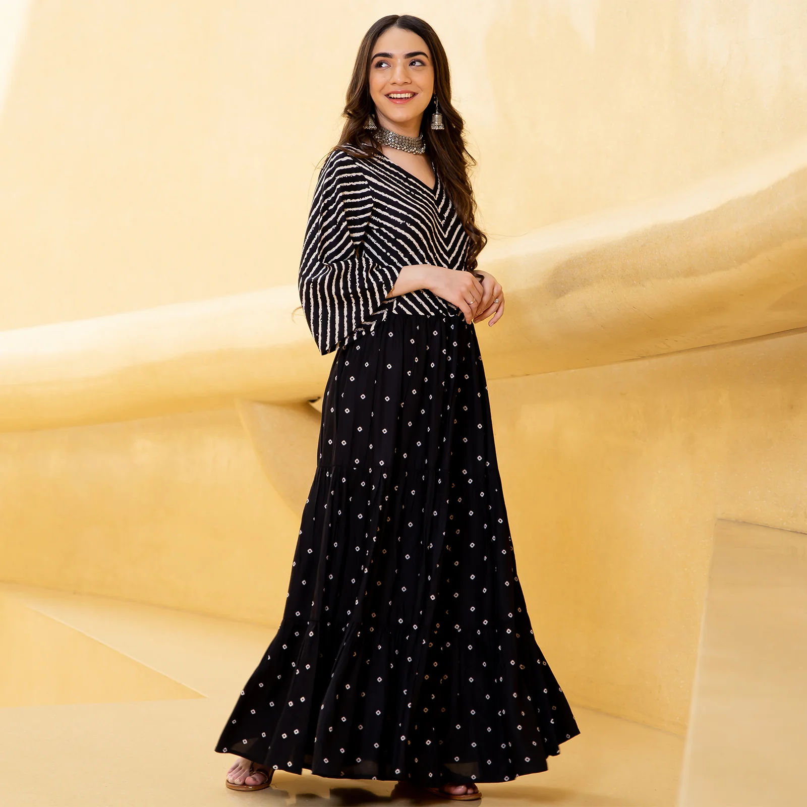 Black Bandhani & Stone Printed Tiered Dress with Flared Sleeves - Image 15