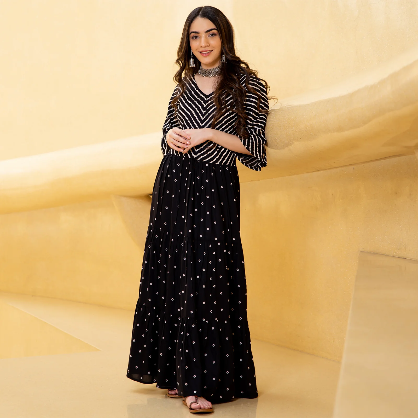 Black Bandhani & Stone Printed Tiered Dress with Flared Sleeves - Image 16