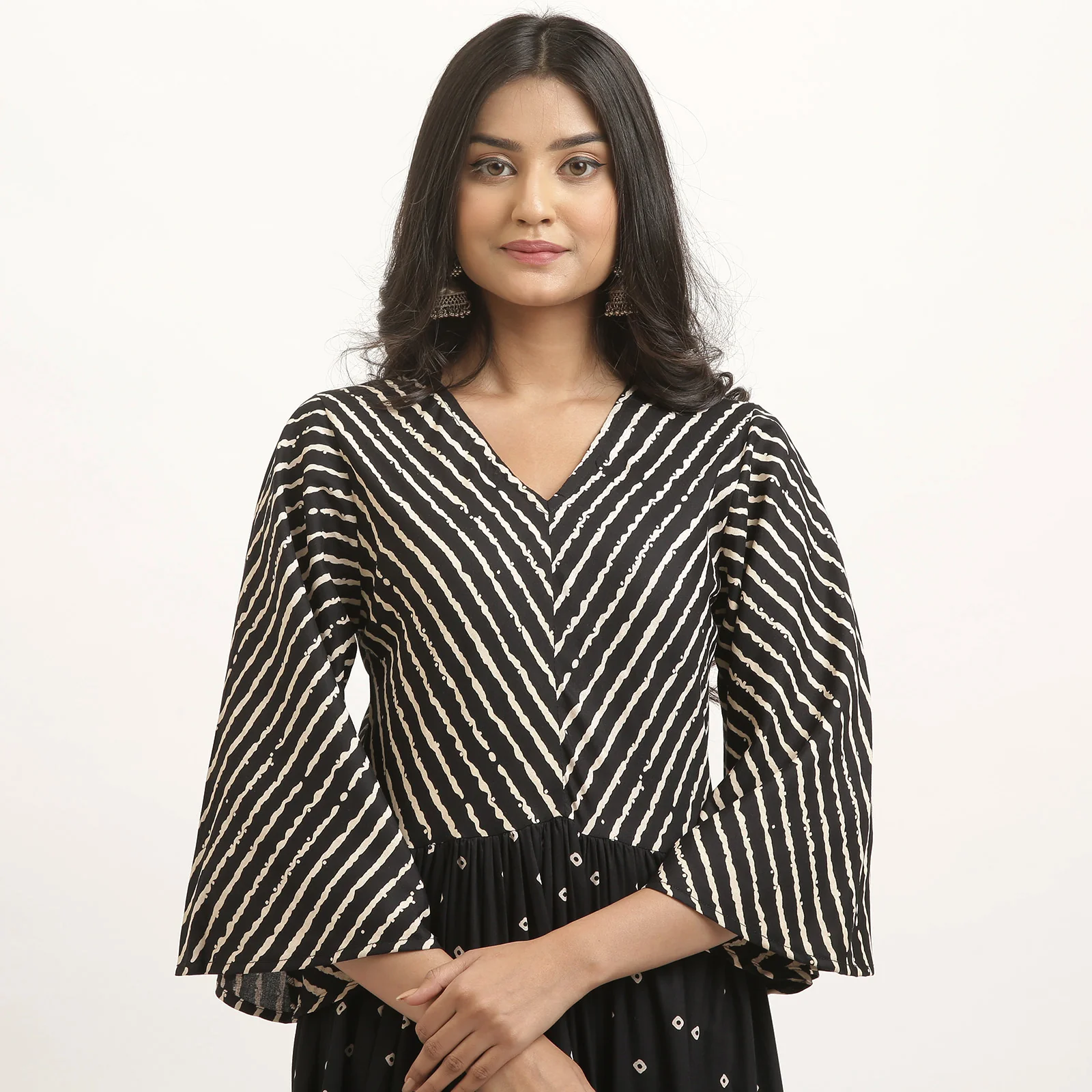 Black Bandhani & Stone Printed Tiered Dress with Flared Sleeves - Image 17