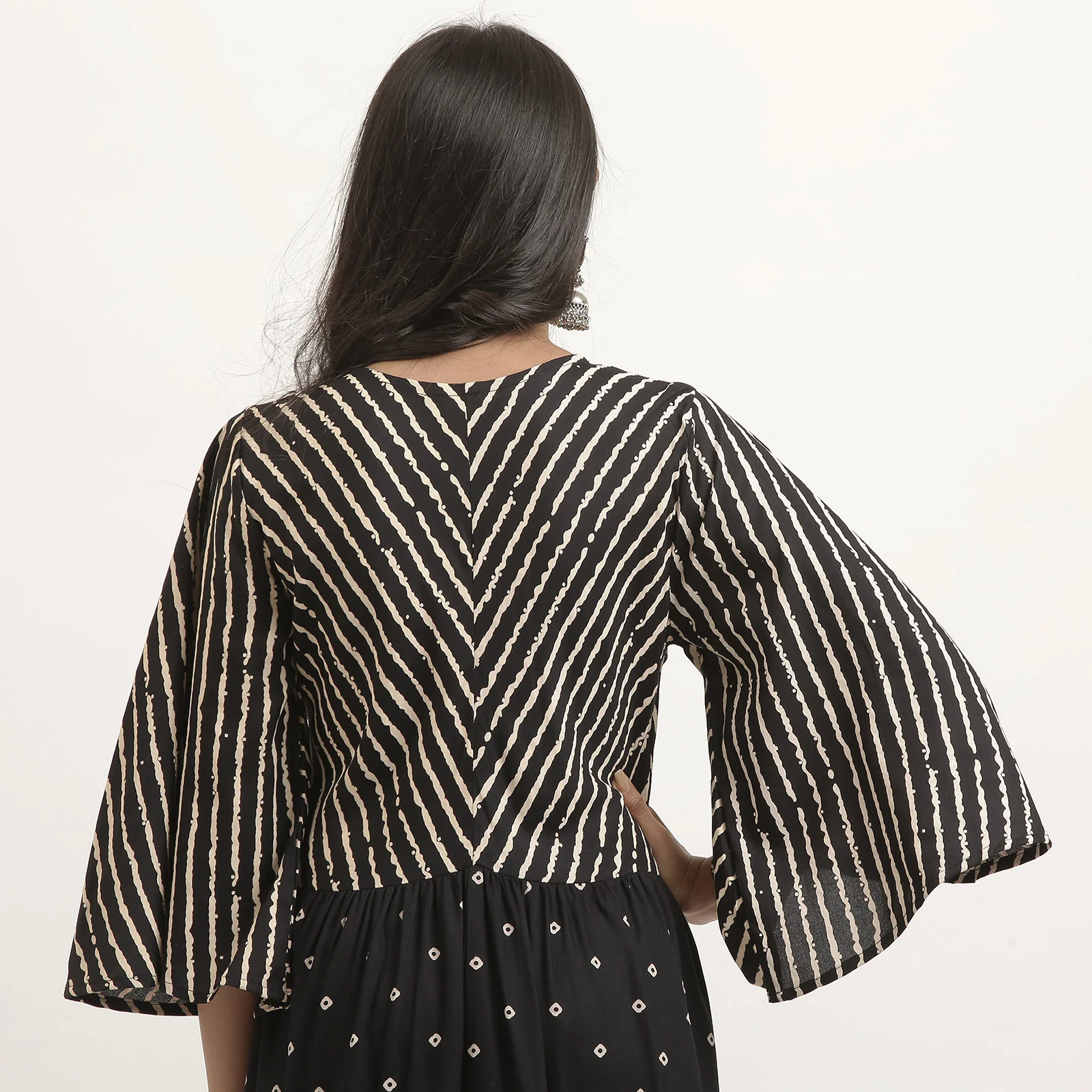 Black Bandhani & Stone Printed Tiered Dress with Flared Sleeves - Image 18