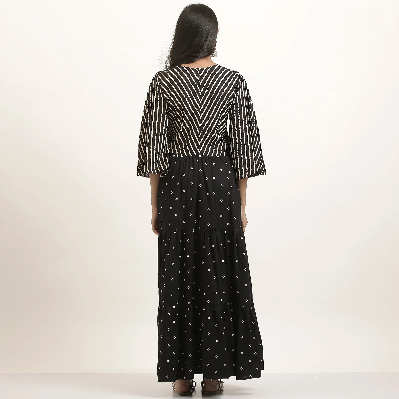 Black Bandhani & Stone Printed Tiered Dress with Flared Sleeves - Image 19