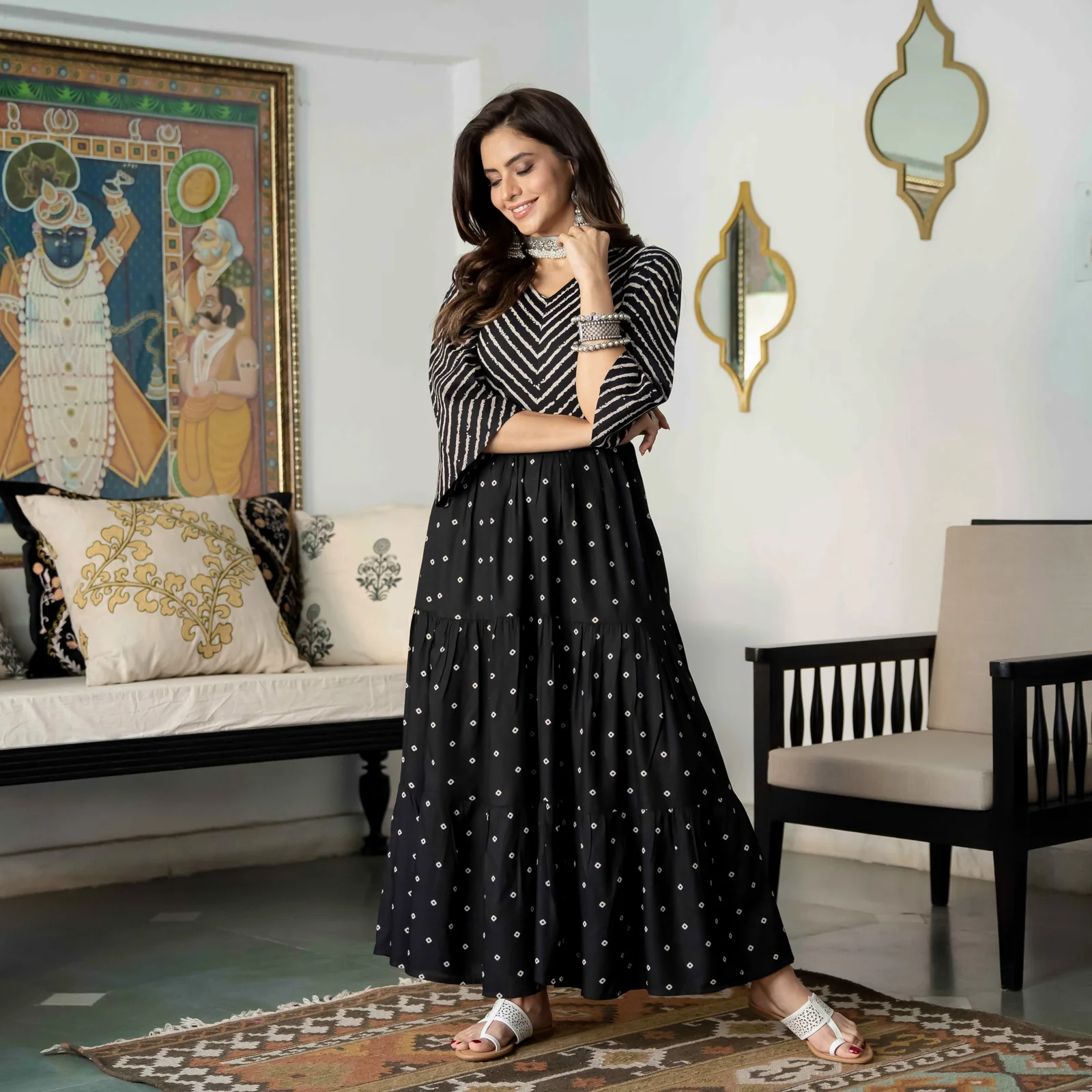Black Bandhani & Stone Printed Tiered Dress with Flared Sleeves - Image 3